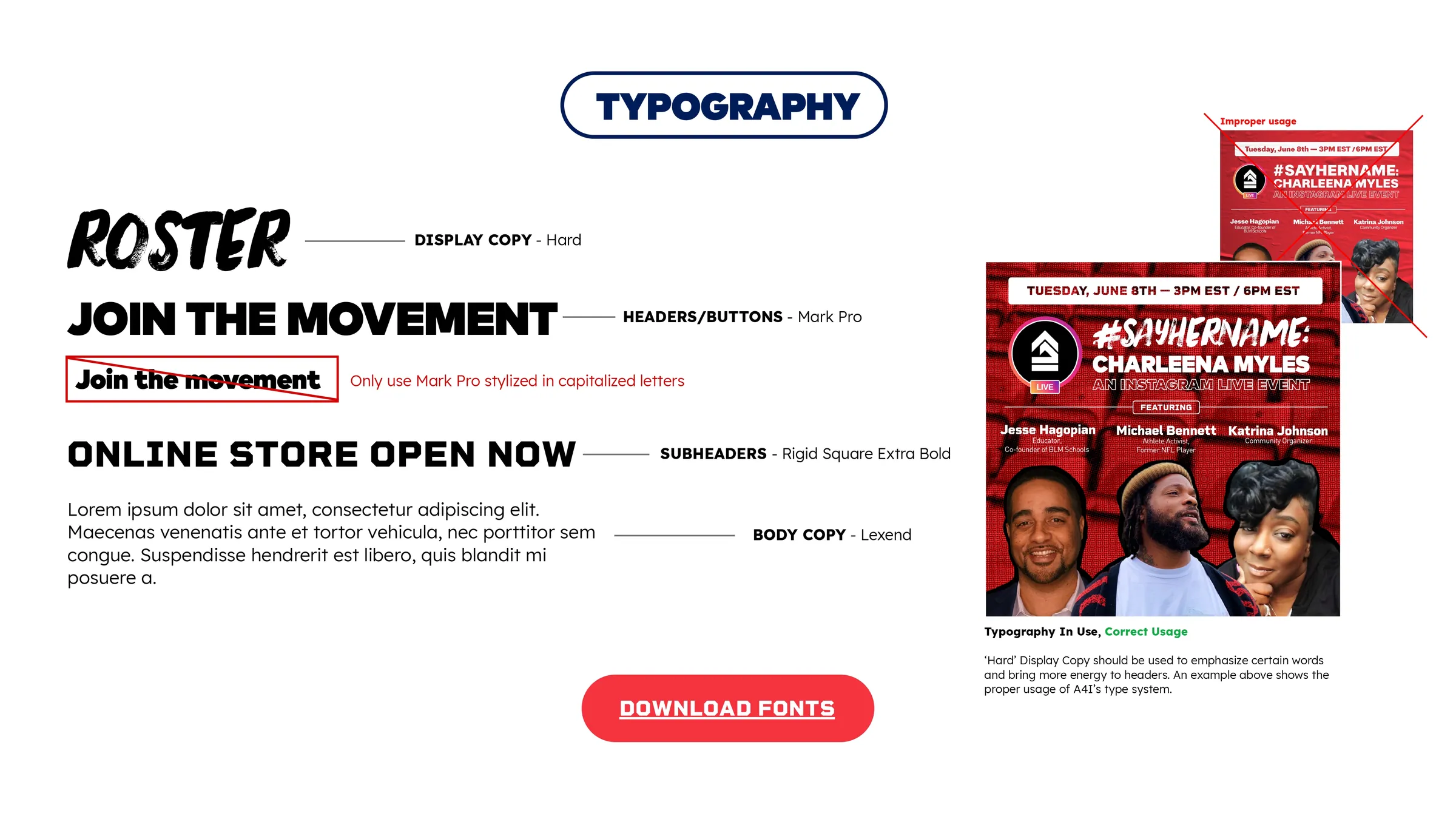 Type specimen page. Roster set in the hard display face, Join The Movement in the headline face, subheads and body faces below, each labelled with its job.