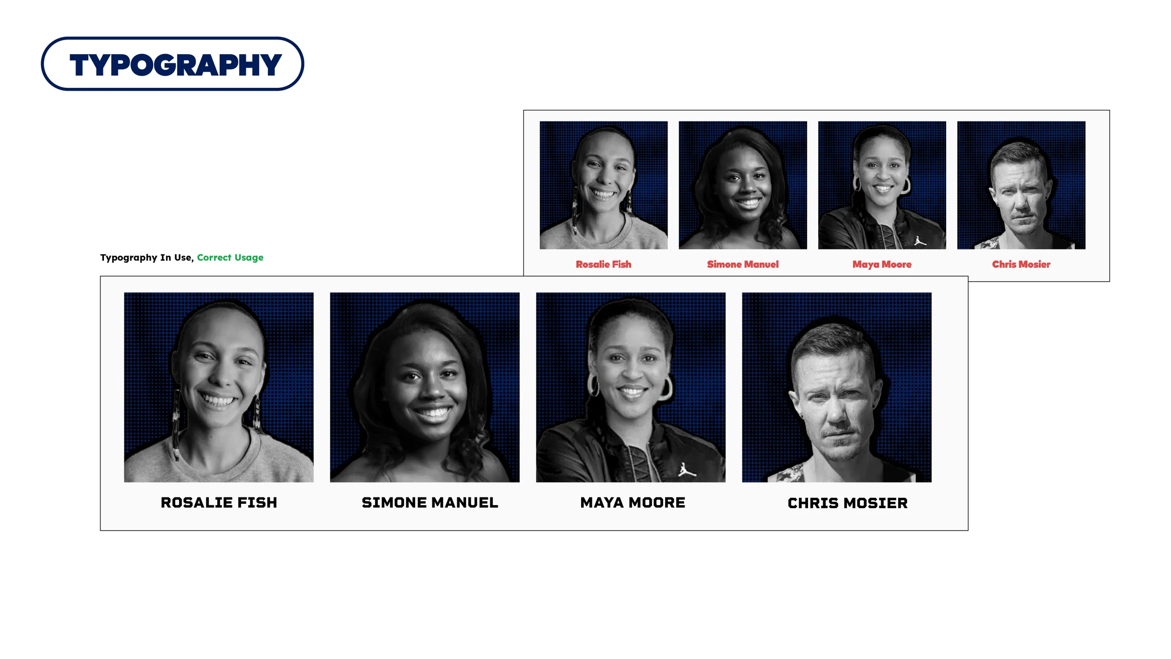 Roster layout with black and white portraits of four athletes, names set in the headline face beneath each.