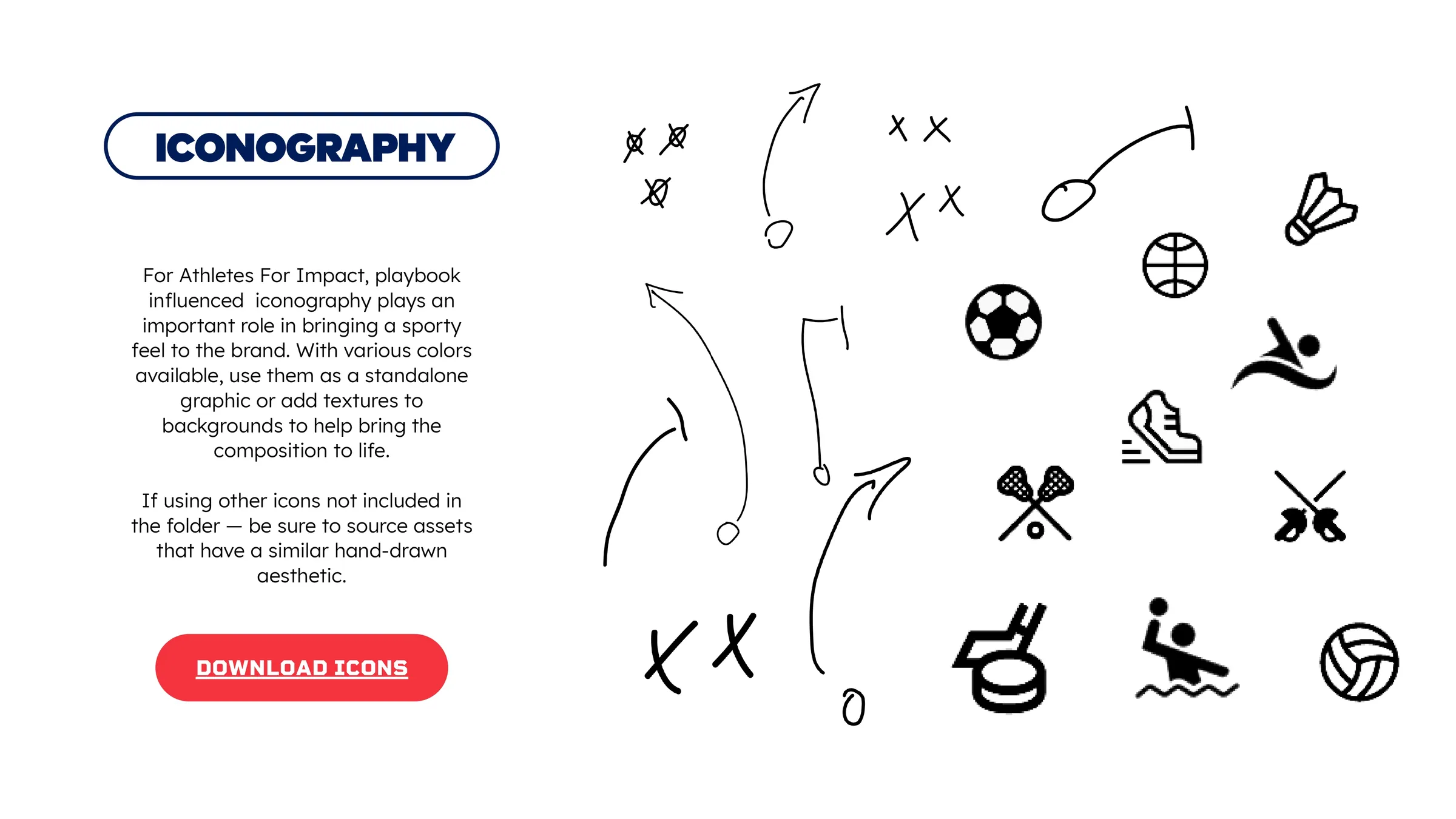 Hand drawn icon set: X's and O's, arrows and route lines, and sport pictograms drawn with the same marker weight.