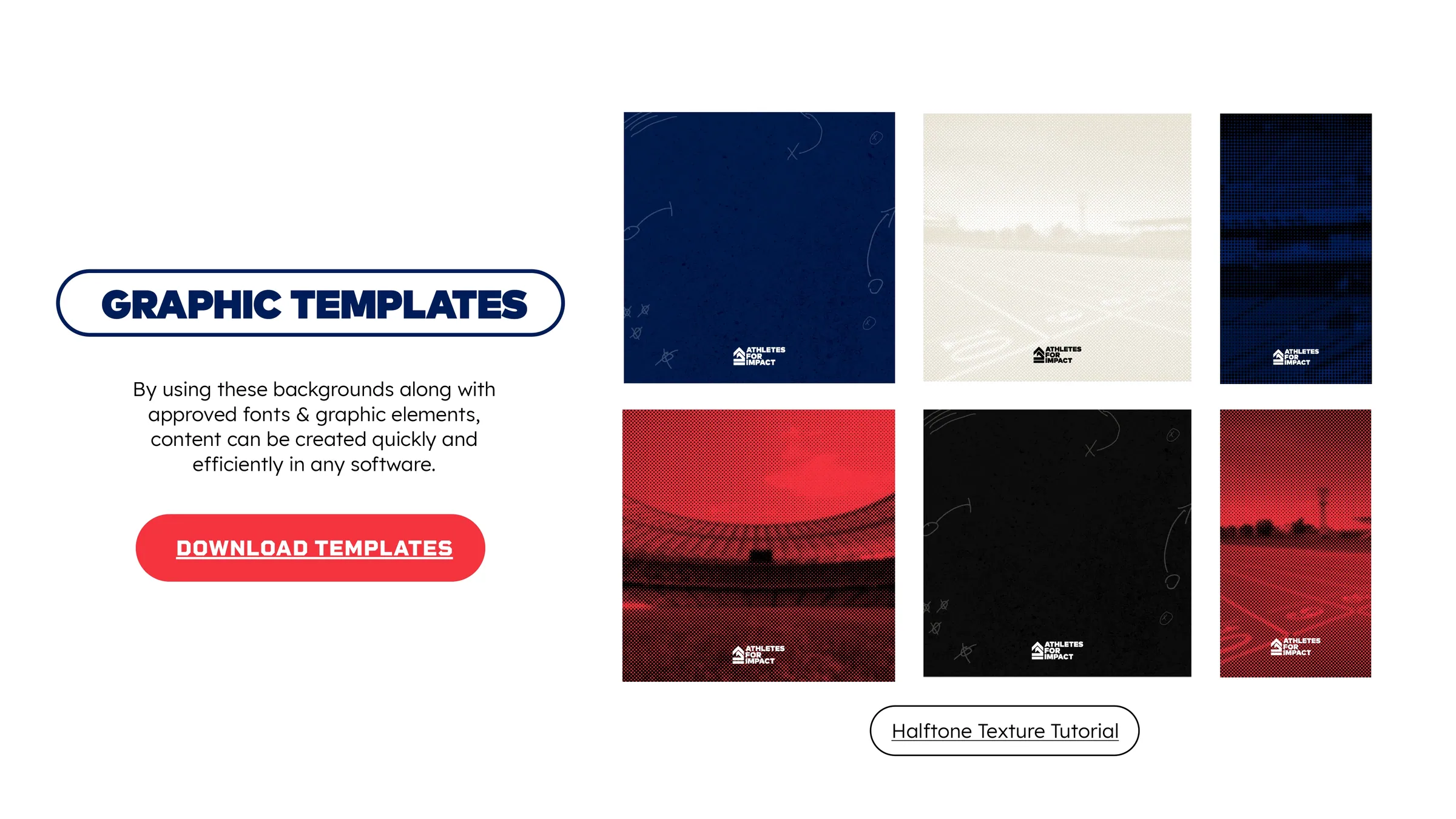 Six background panels in navy, cream, and red, each carrying the halftone stadium texture and the small stacked mark.