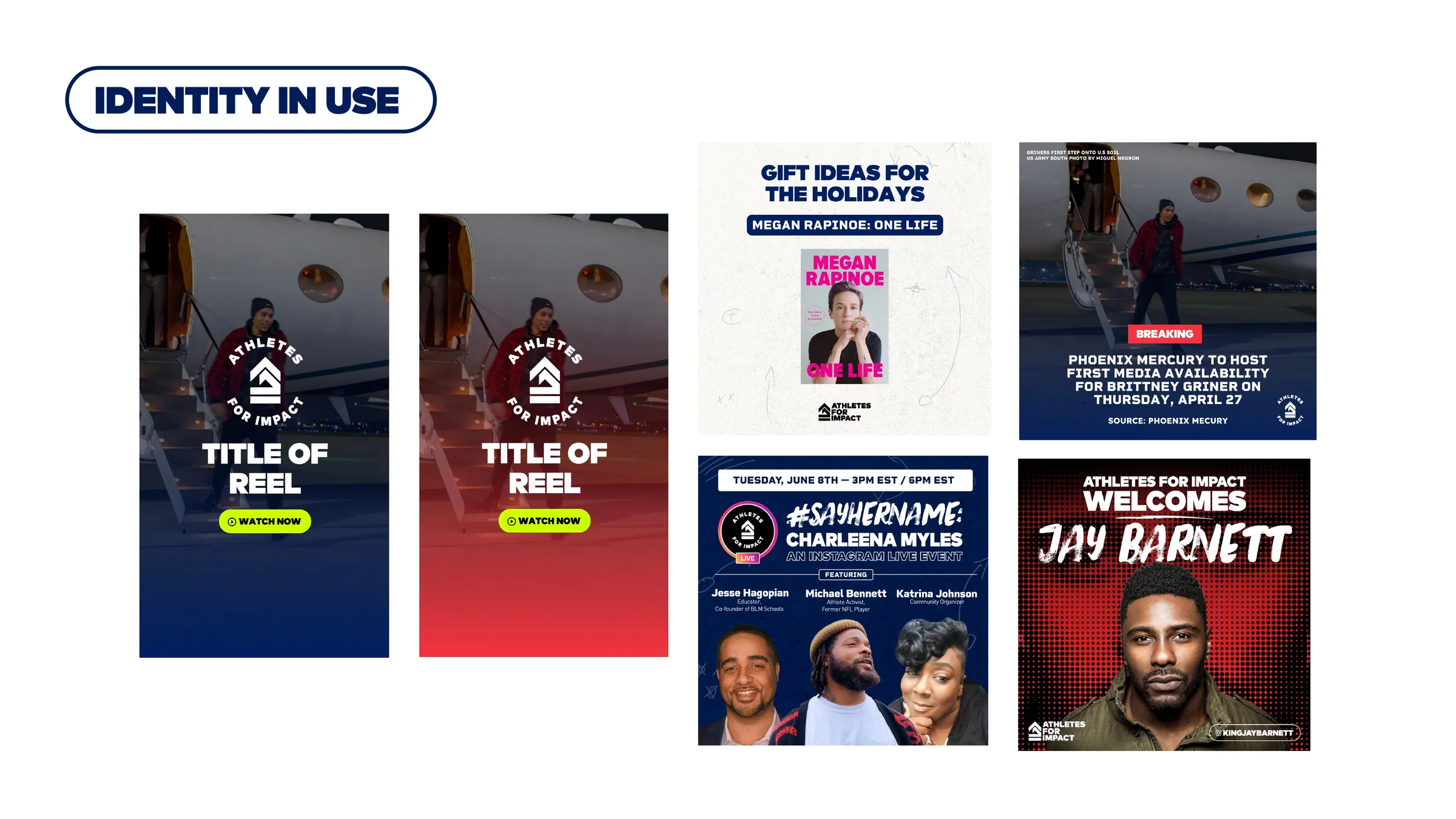 A grid of social posts and reel covers: title cards, an event graphic, a welcome card, and a holiday gift guide, all built from the templates.