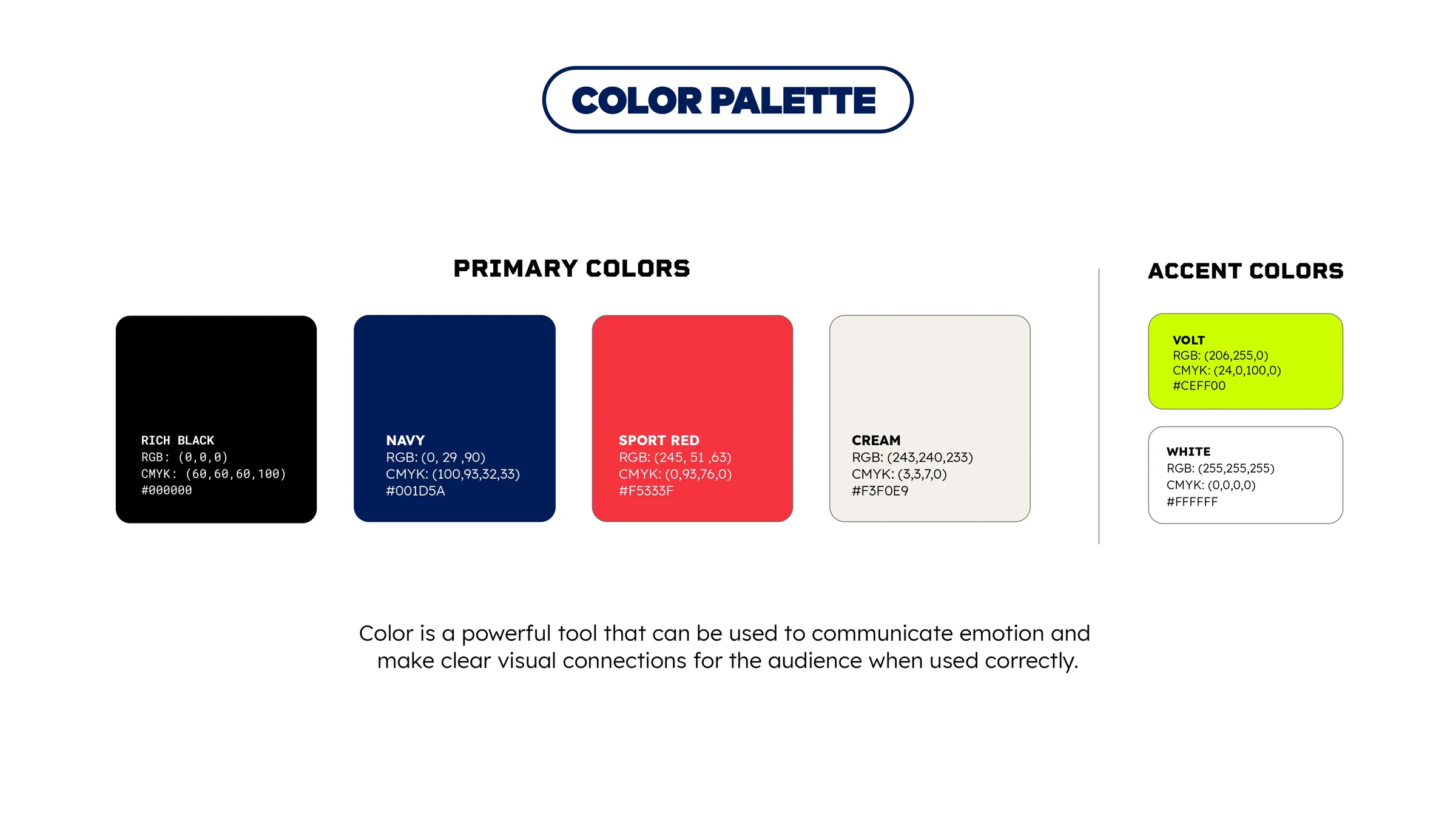 Color palette page. Rich black, navy, sport red, and cream as primaries, with volt and white as accents.