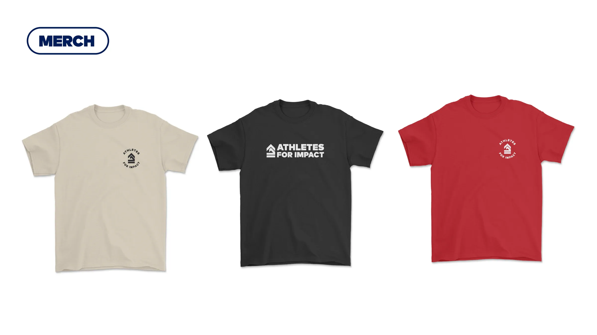 Three tees in cream, black, and red, each carrying the mark printed at the chest.