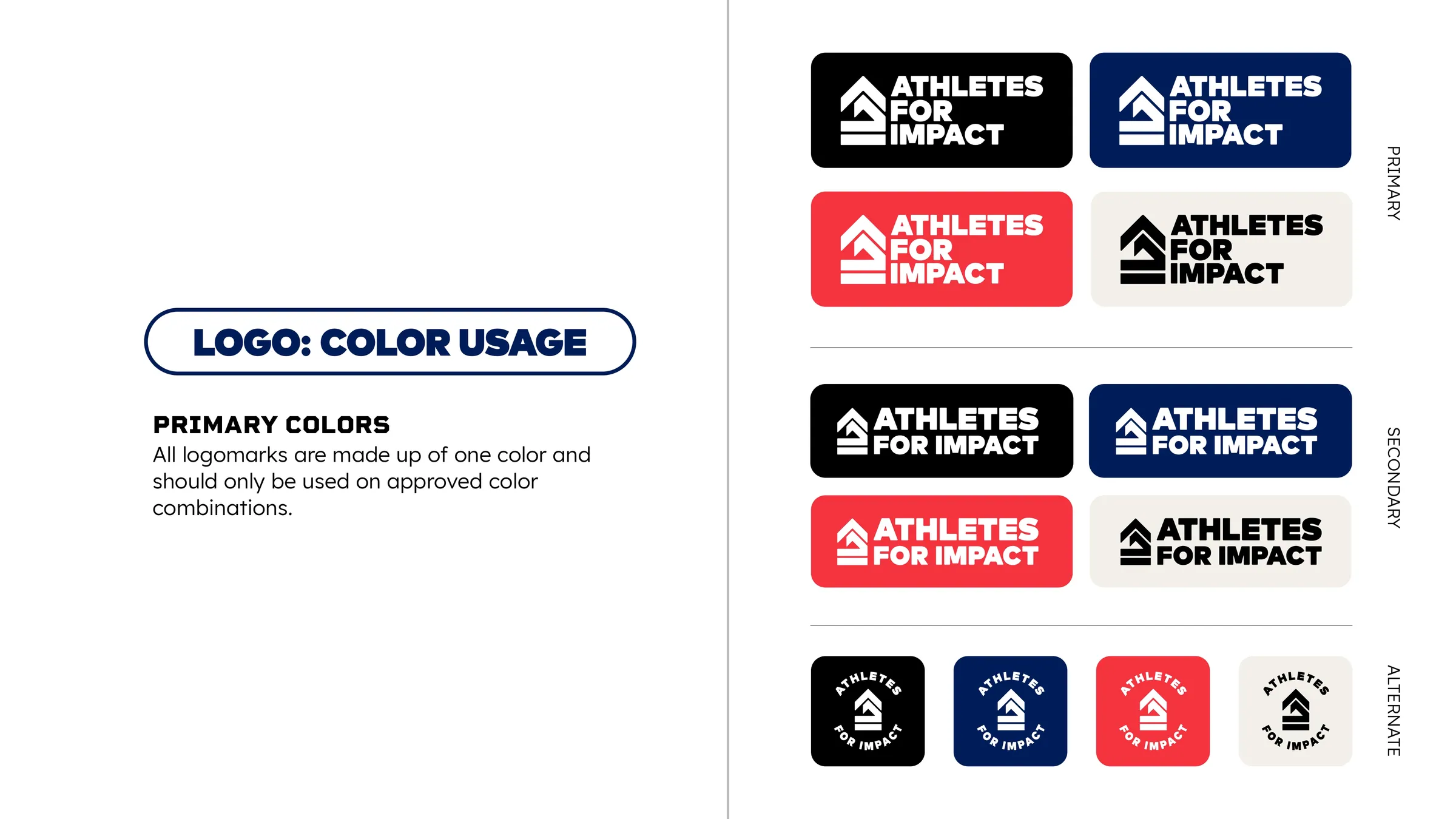 Approved color combinations for the mark, shown as a grid of chips across primary, secondary, and alternate sets.