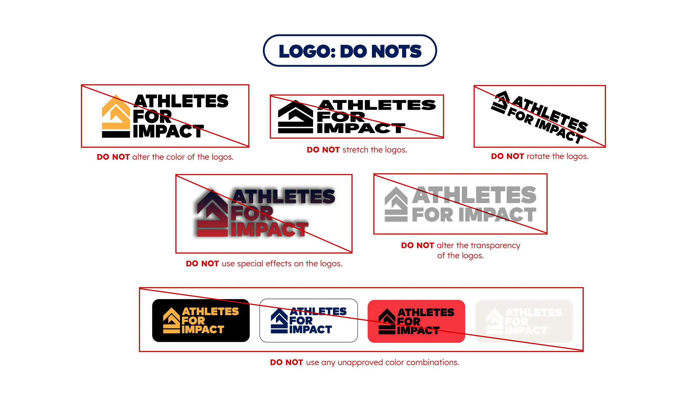 Do not examples: the mark stretched, rotated, recolored, and set on unapproved combinations, each struck through in red.