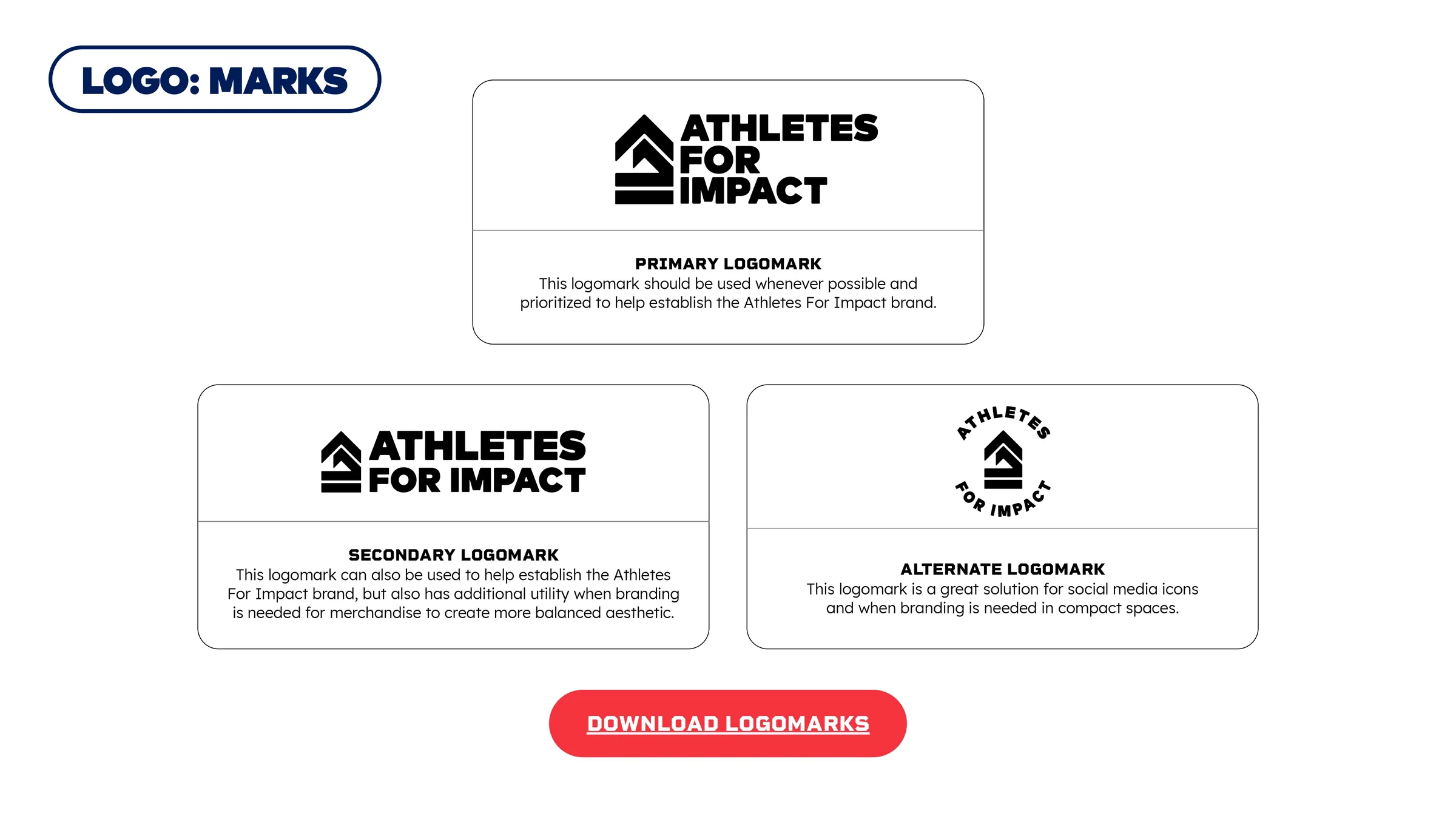 Logo page. Primary, secondary, and alternate lockups of the mark with usage notes under each.