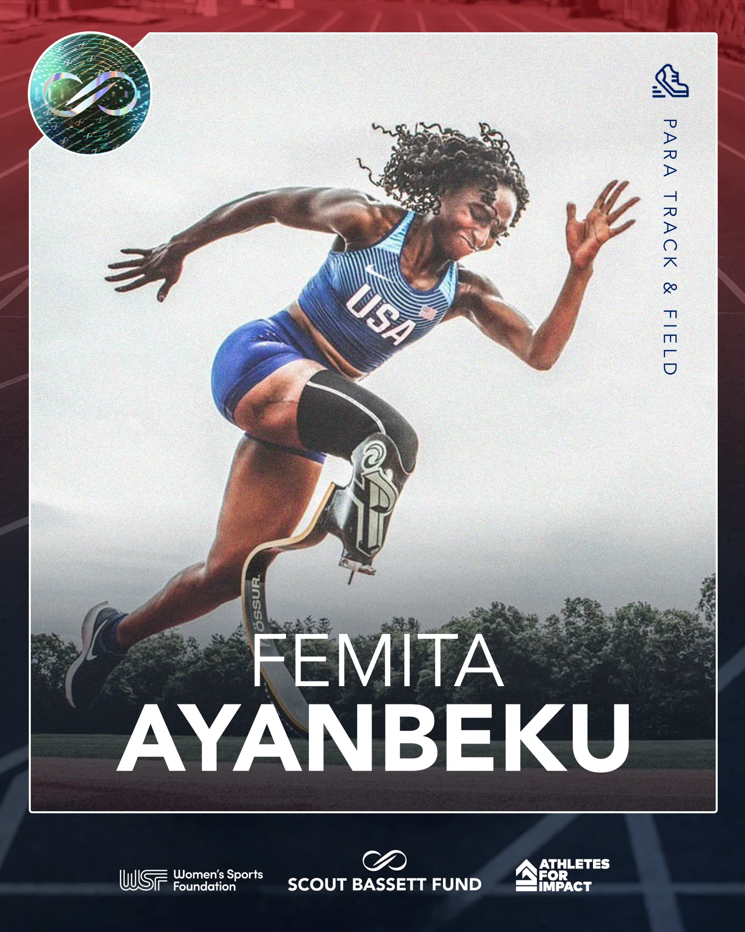 Athlete card. Femita Ayanbeku sprinting on her running blade, her name set large beneath, Para track and field running up the rail.