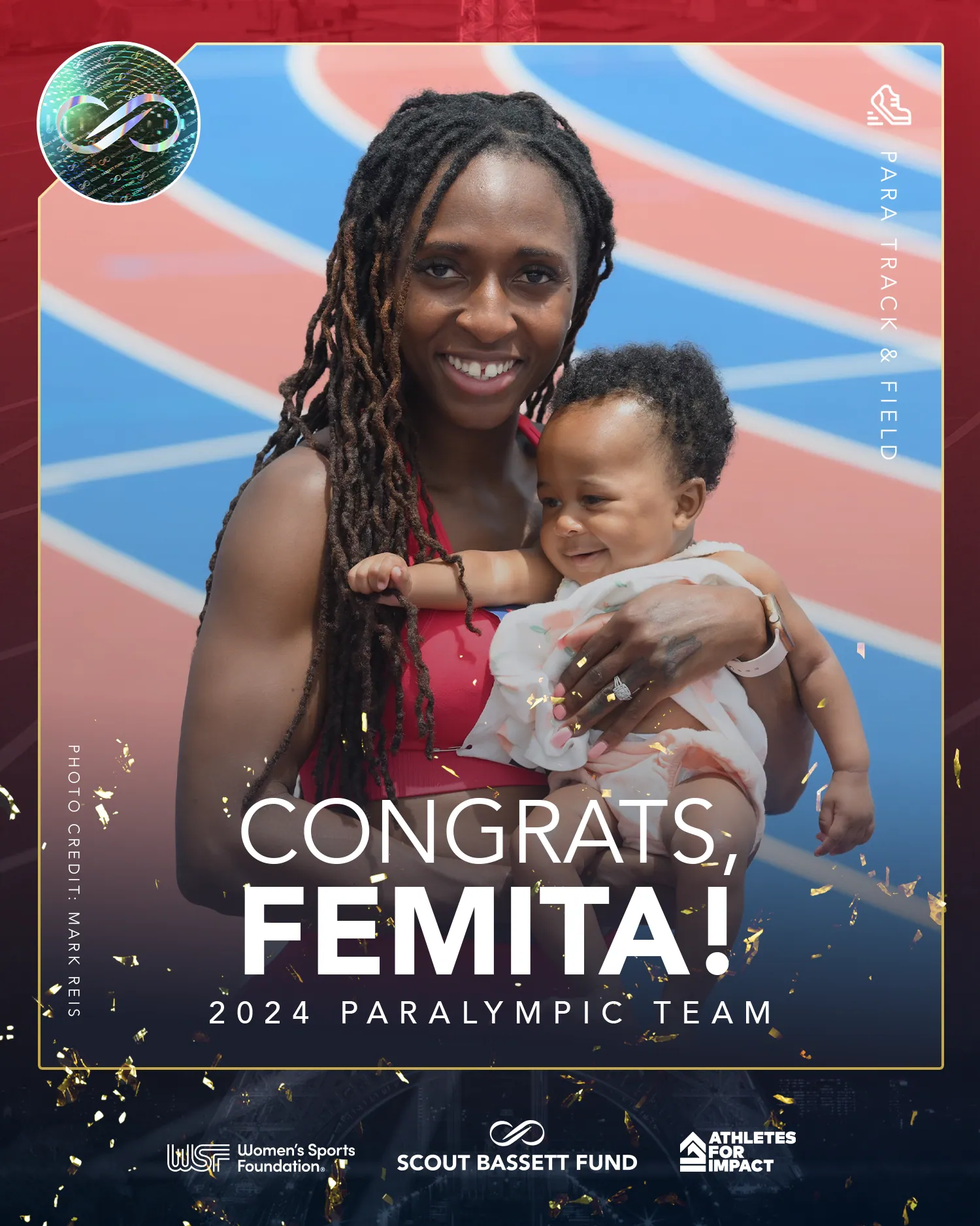 Congrats Femita card. Ayanbeku holding her daughter at the track, gold confetti over a navy fade, partner marks along the foot.