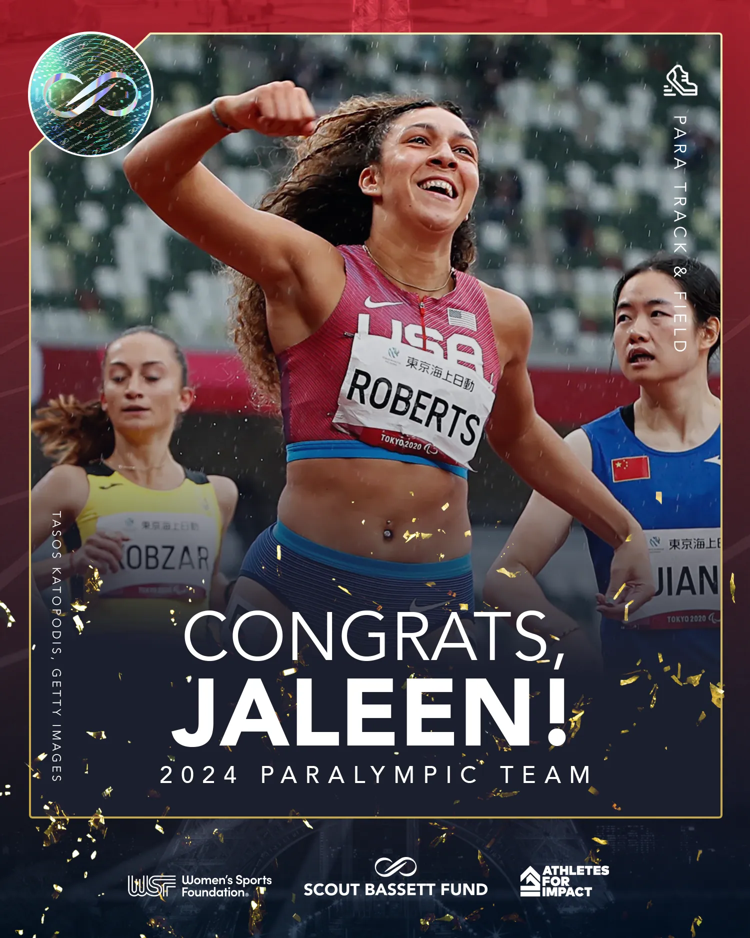 Congrats Jaleen card. Jaleen Roberts mid race in the Team USA kit, arm raised, the announcement set in the headline face.