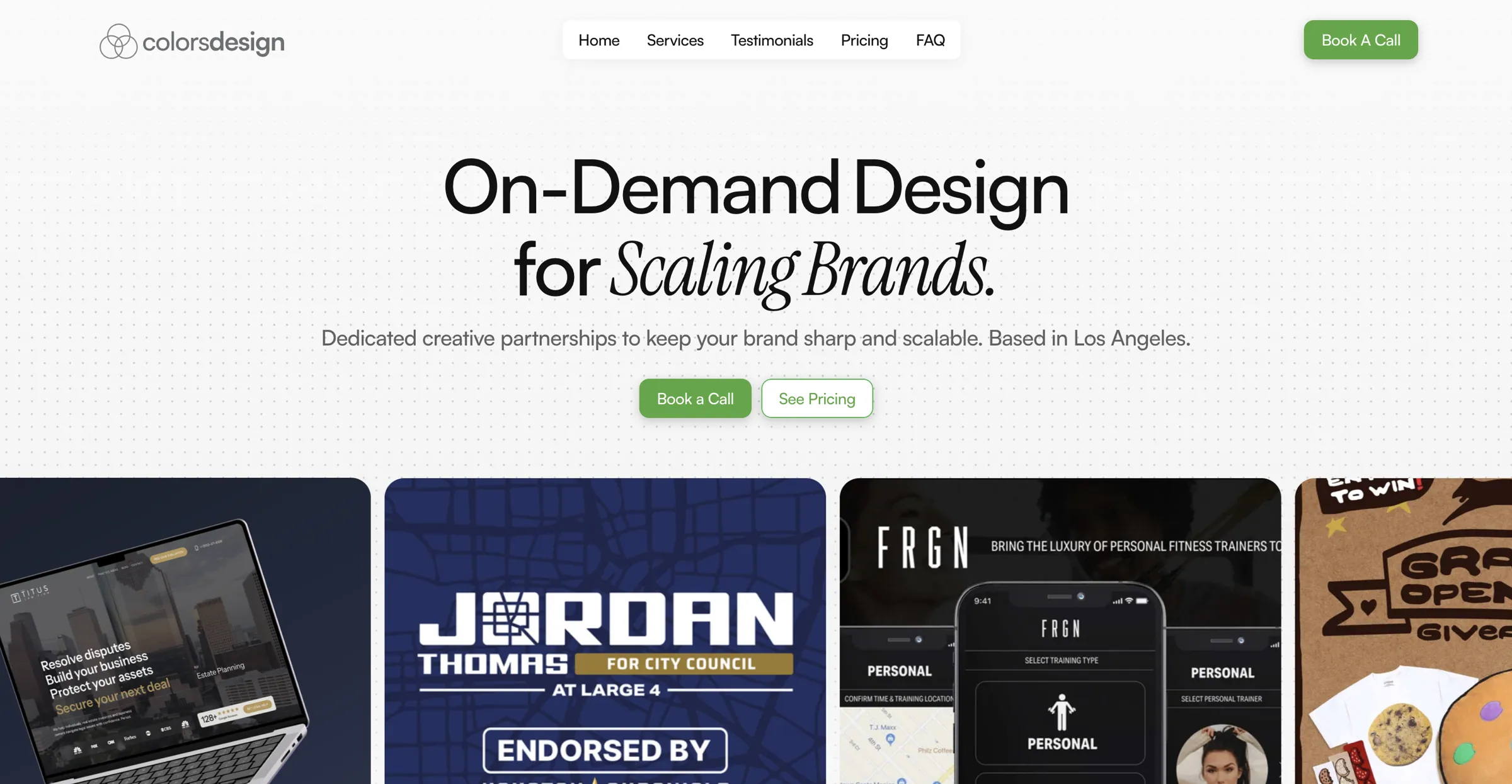 Studio home page. On-demand design headline over a running strip of live client work.