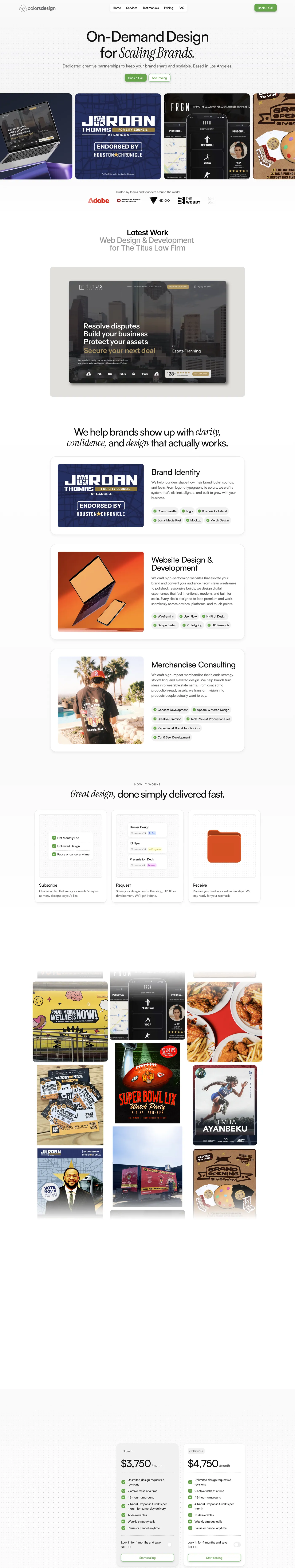 The full studio page top to bottom: live work, the three service tracks, how the subscription runs, and the pricing tiers stated openly.