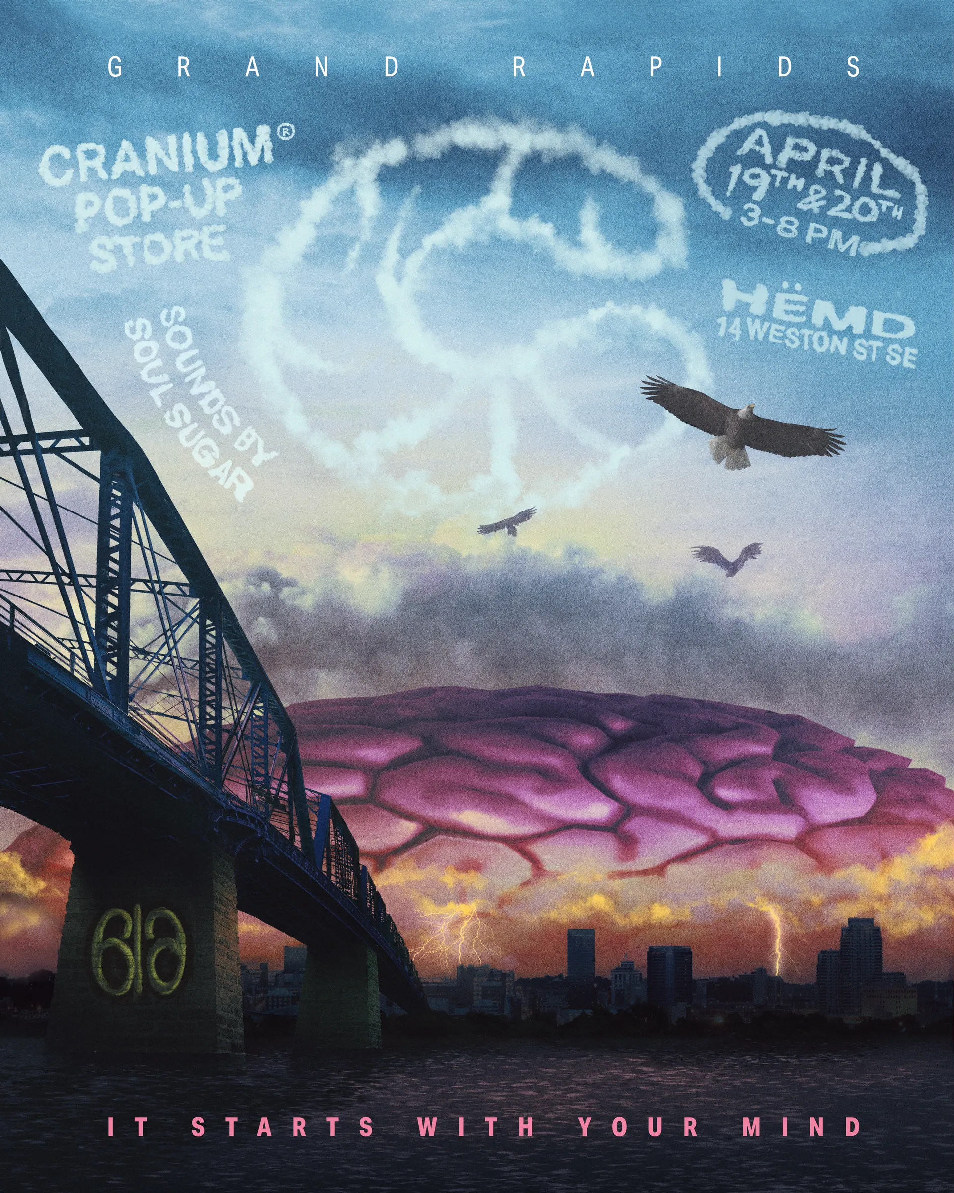 Pop-up flyer. The Blue Bridge and Grand Rapids skyline under a brain formed from skywriting and storm cloud, with the date, address and lineup written into the sky.