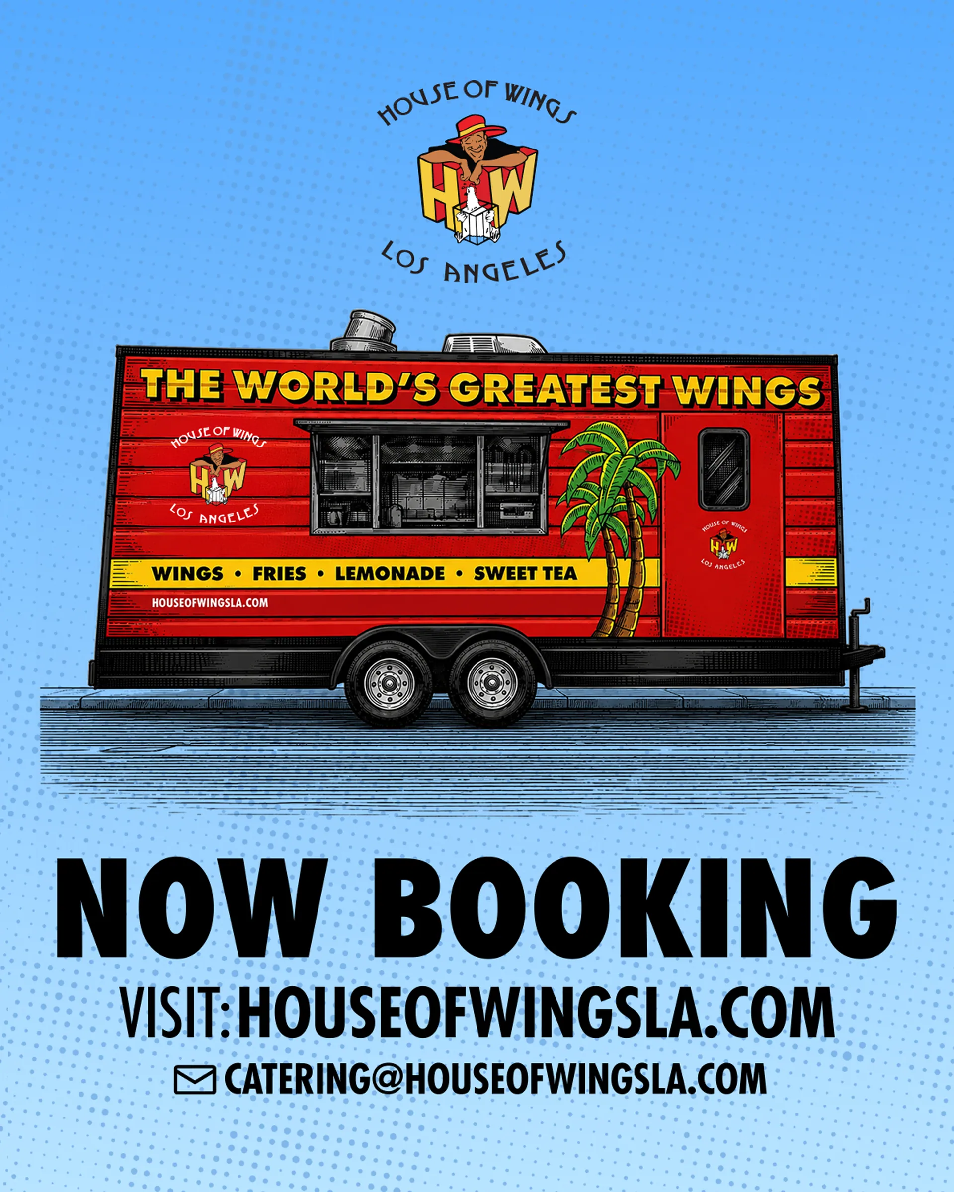Catering booking flyer. The trailer redrawn as illustration over a halftone field, with the booking address as the largest element.