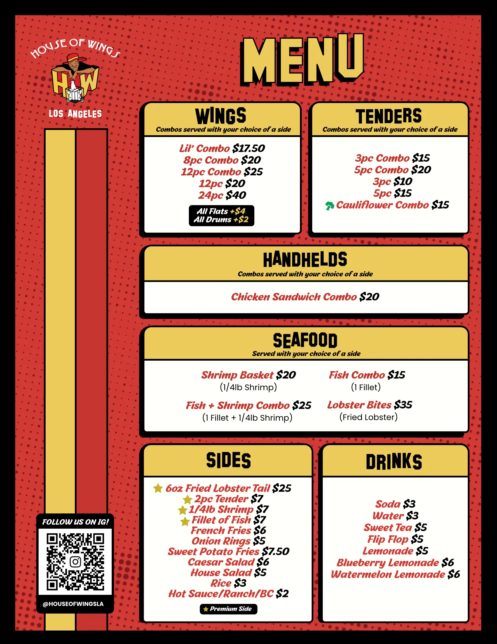 Menu board. Wings, tenders, seafood and sides set in a tight grid that can be read from the front of a moving line.