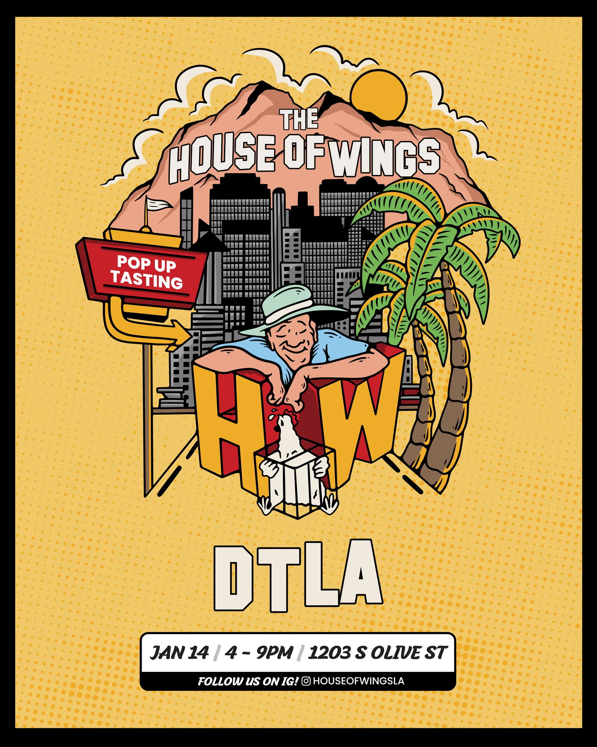 Pop up tasting flyer for downtown Los Angeles, with the mark built into an LA skyline and mountain scene.