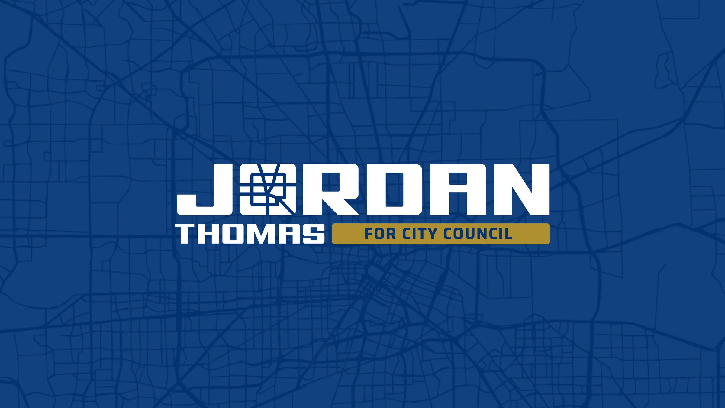 Campaign logo lockup. Condensed navy and gold type with the Houston street grid running through the mark and the field behind it.