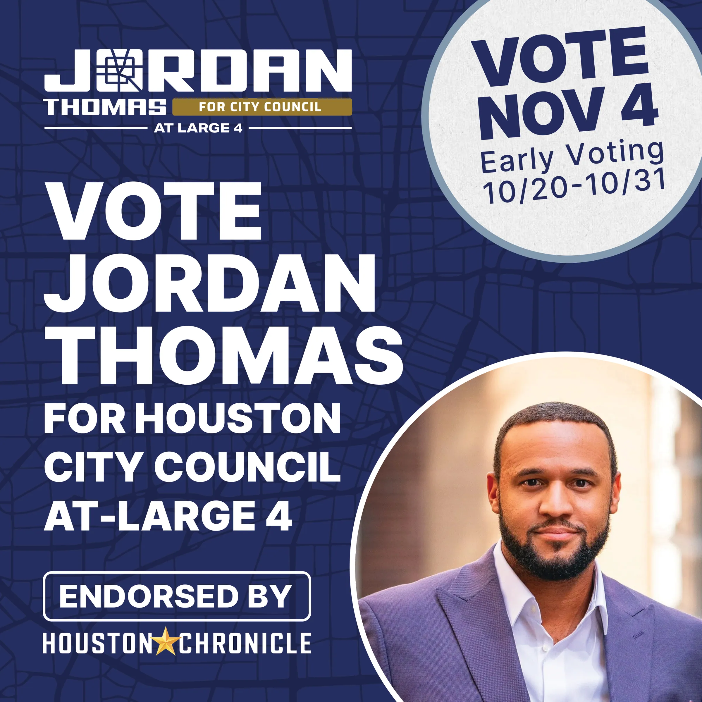 Vote November 4 social graphic. Candidate portrait, early voting dates and the Houston Chronicle endorsement in one square.