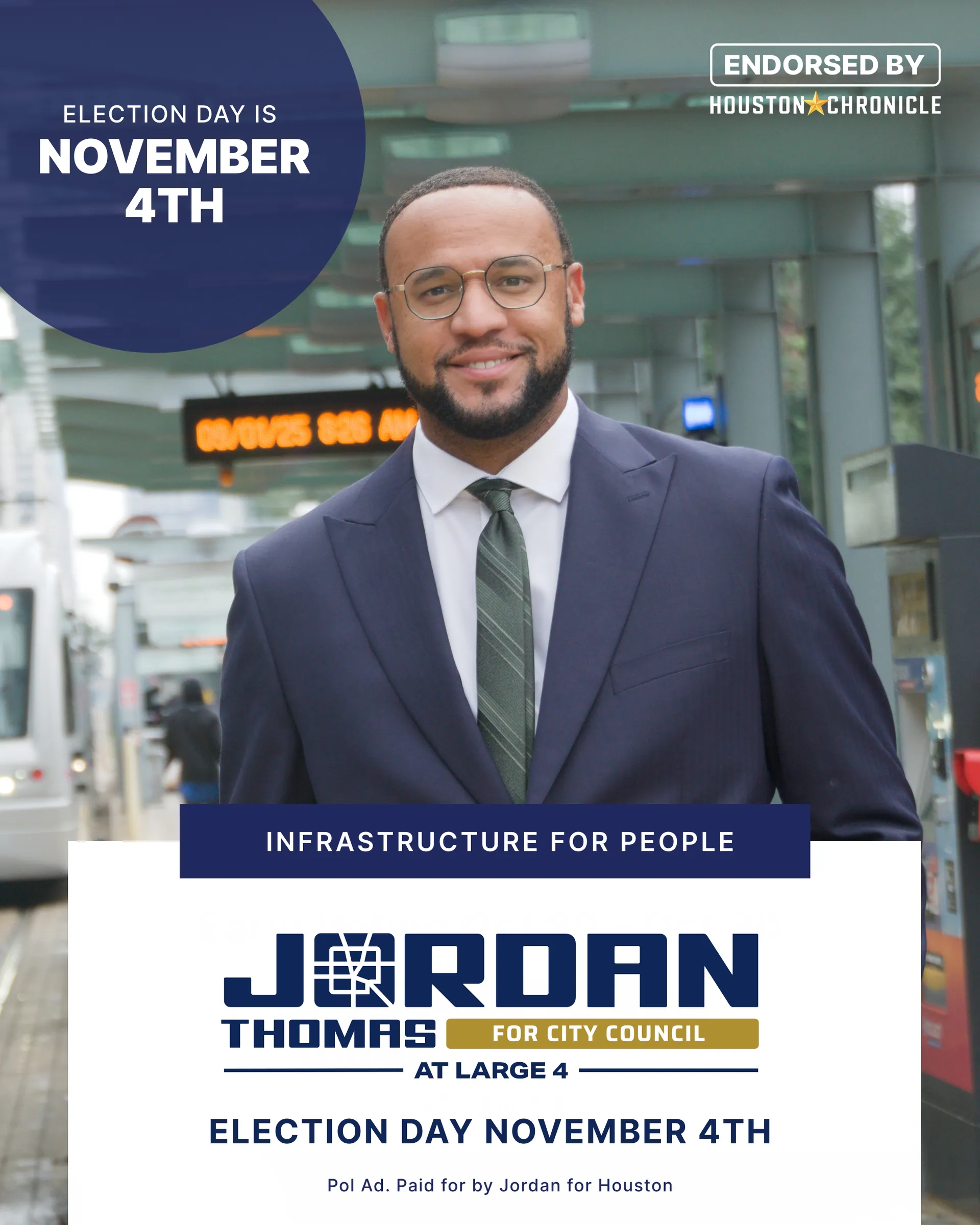 Infrastructure for People poster. Candidate photographed at a METRO platform, with the lockup and election date carried below.