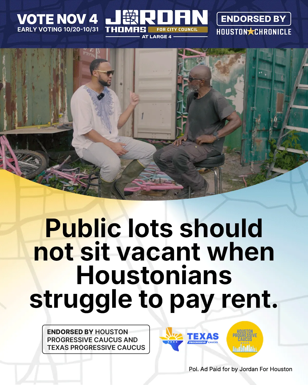 Issue graphic on vacant public lots, pairing a still from a neighbourhood conversation with the campaign type system.