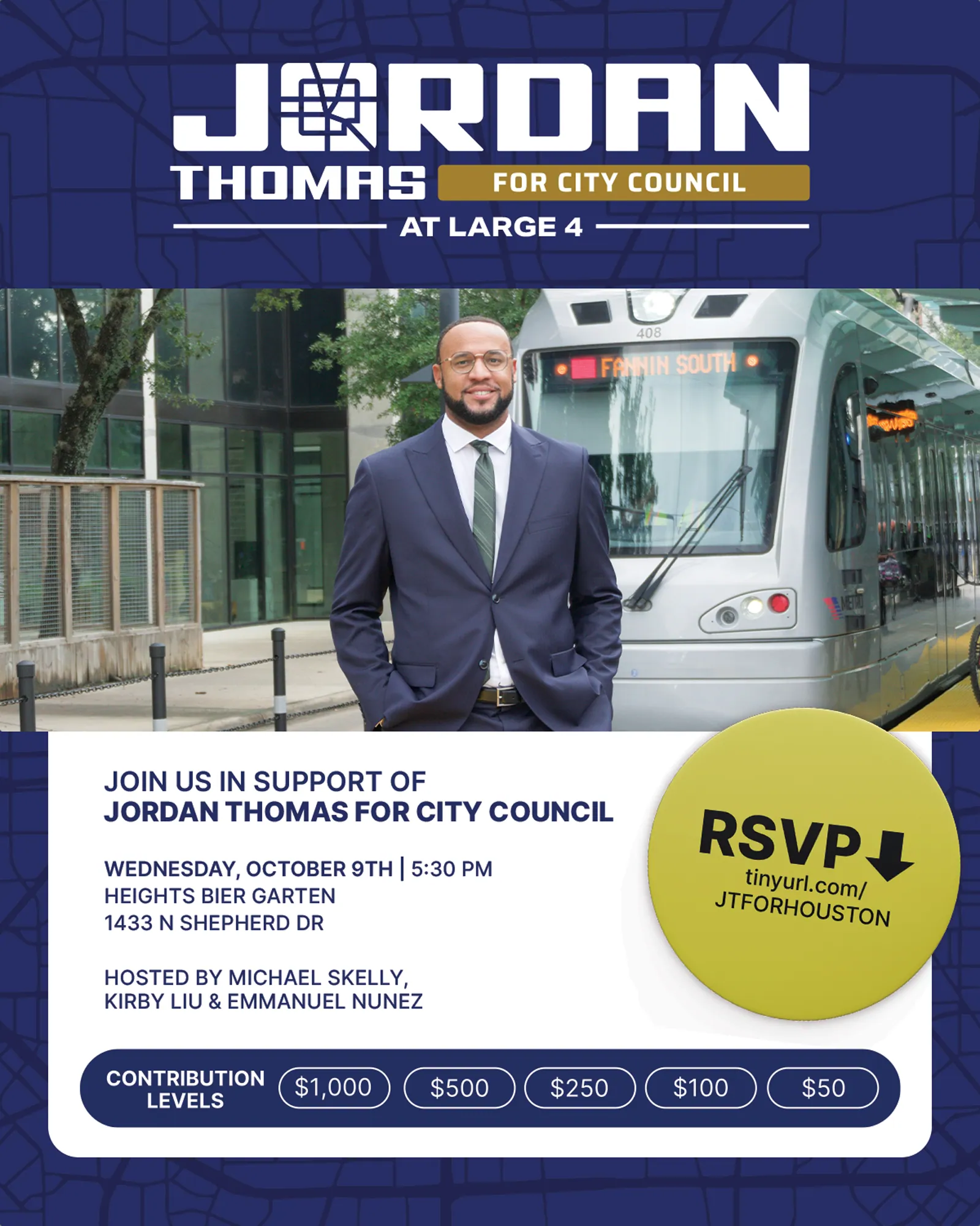 Fundraiser invitation. Event details and contribution levels set in the campaign palette over the street grid field.