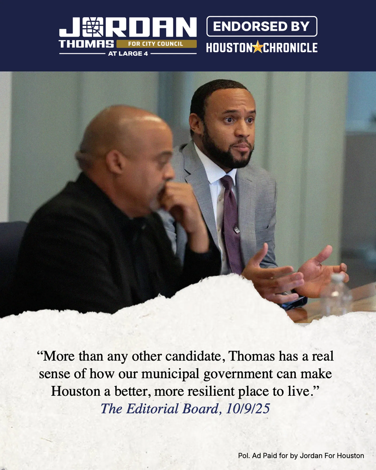 Houston Chronicle editorial board endorsement, with the quote set as the dominant element under the photograph.