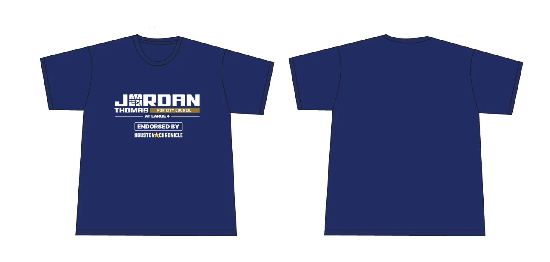 Campaign tee, front and back. The lockup and endorsement line printed at chest height in navy and gold.