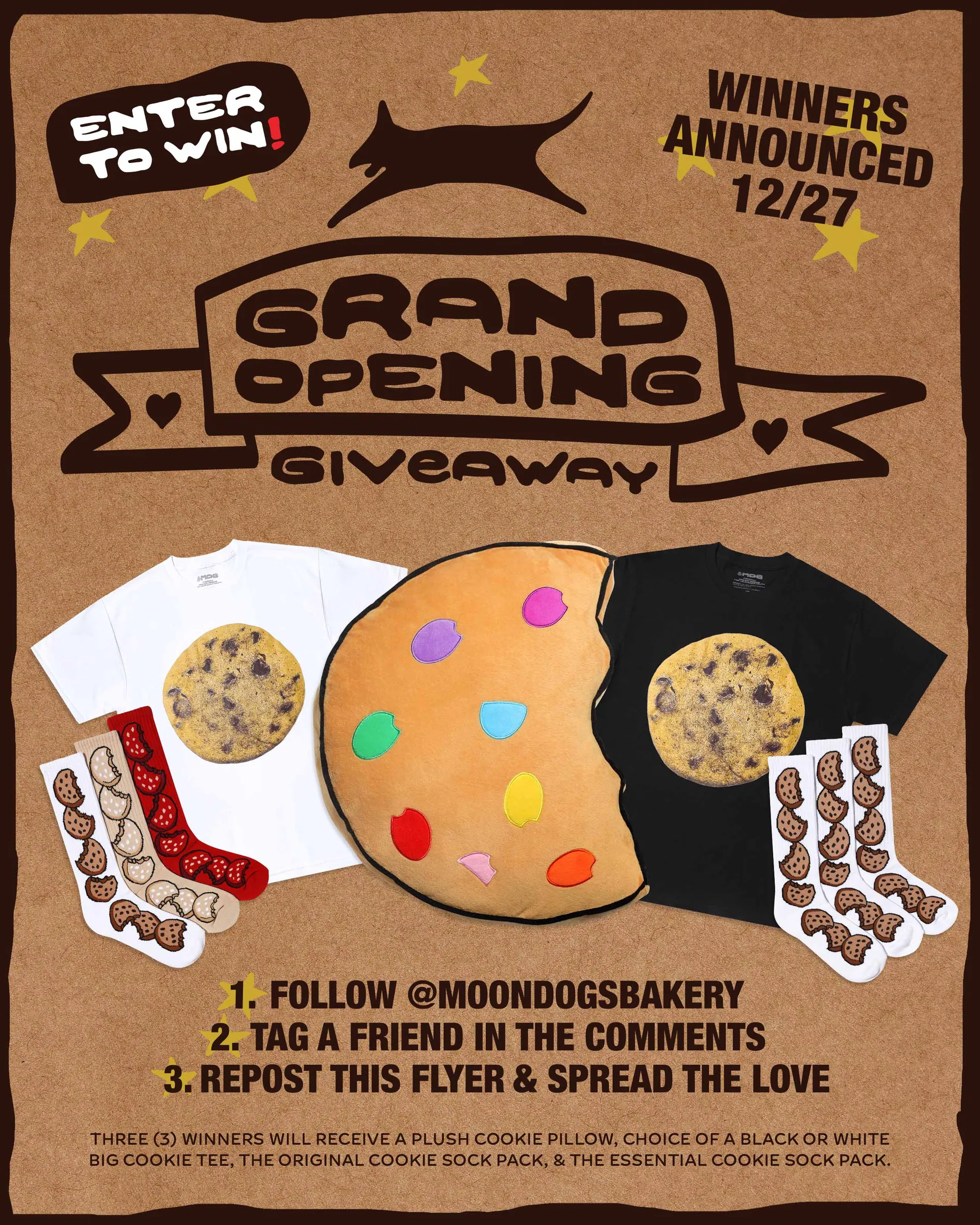 Grand opening giveaway flyer on kraft. The headline painted across a drawn banner, the prize assortment photographed beneath it, and the entry steps set in the painted face.
