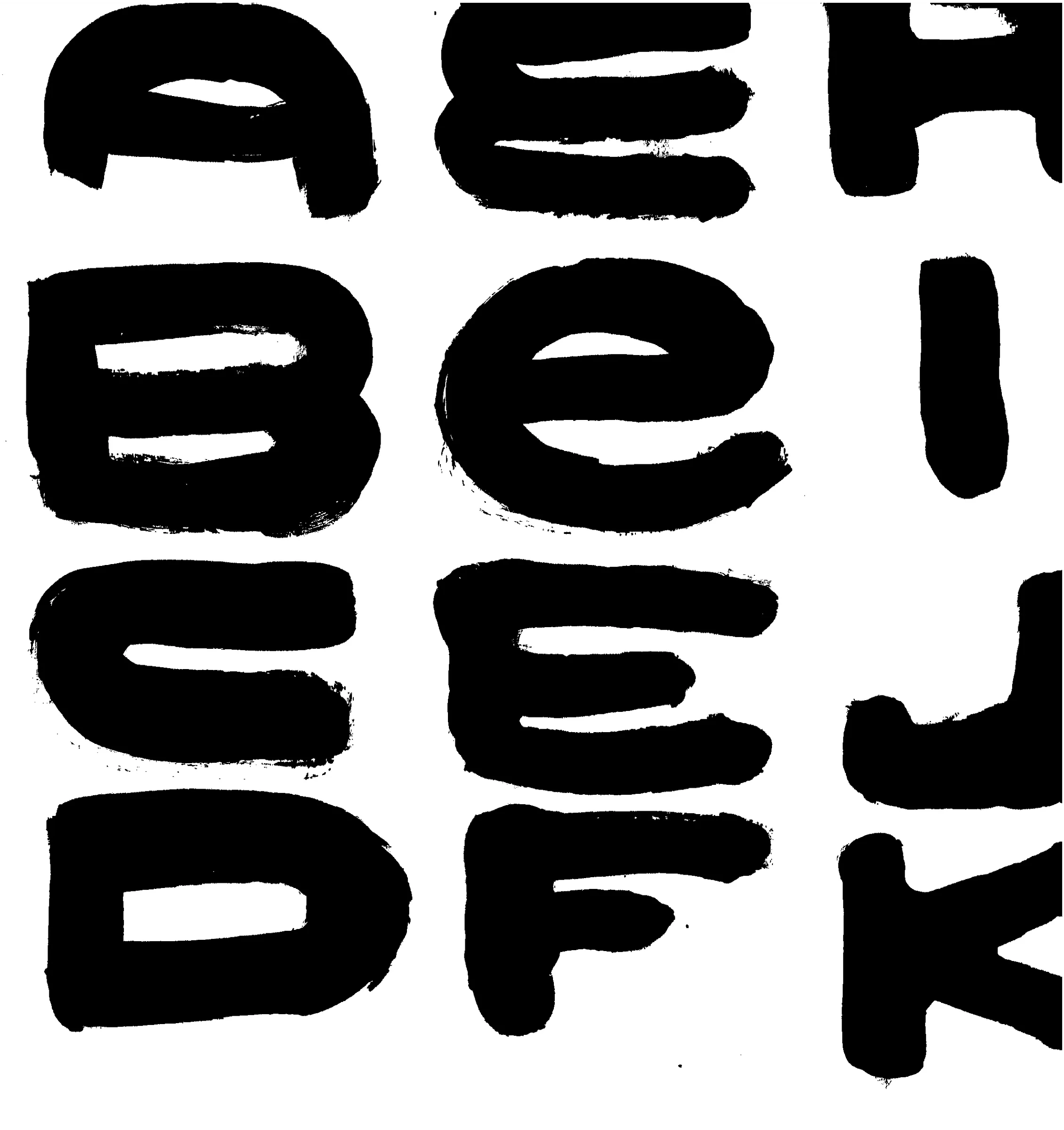 Hand painted specimen sheet, A through K. Each letter brushed in black ink at full page size, several attempts to a glyph.