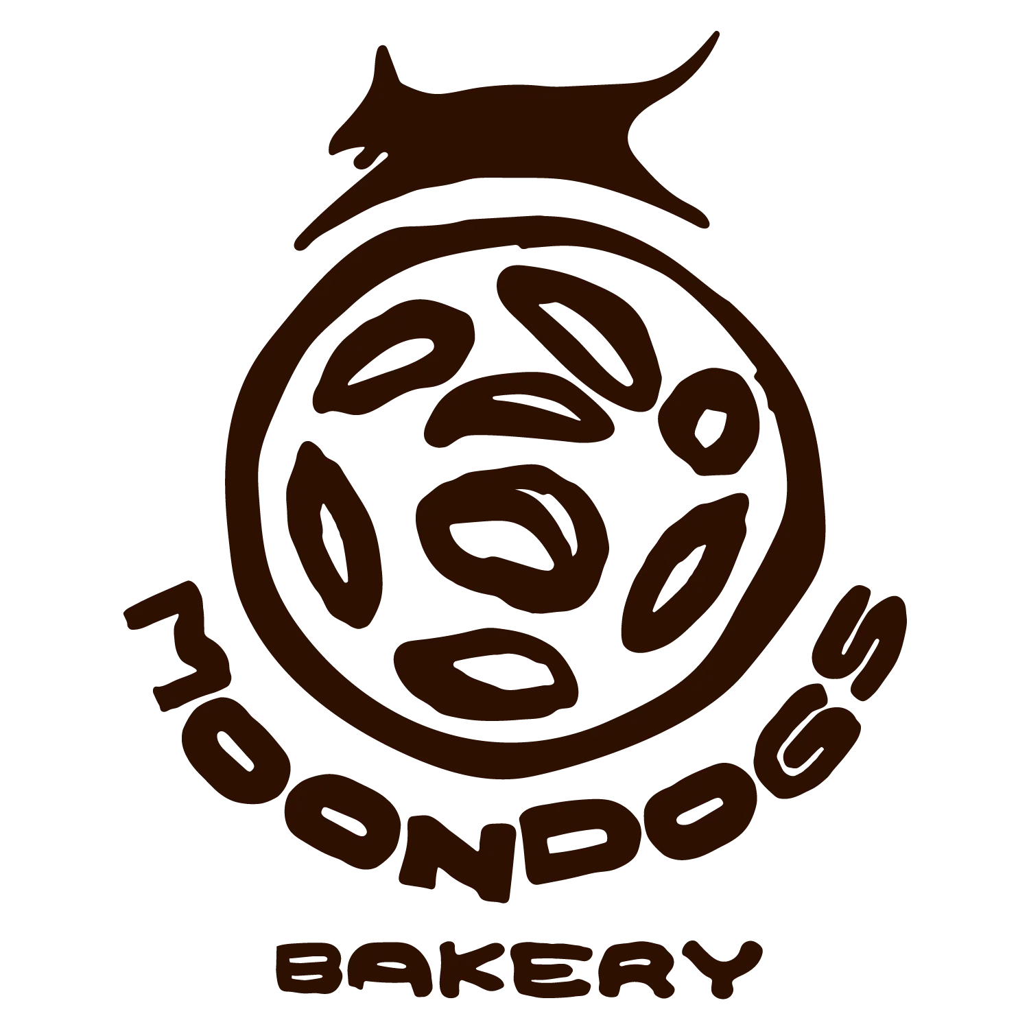 The finished mark. A dog leaping over a cookie roundel, with MOONDOGS curved around it and BAKERY set beneath, all drawn from the painted alphabet.