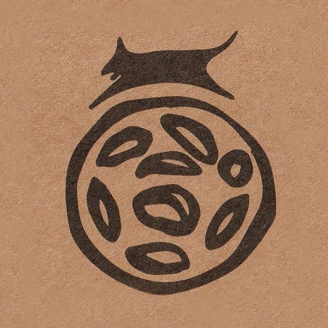 The mark printed on kraft stock, where the brush texture in the vector still reads as ink on paper.