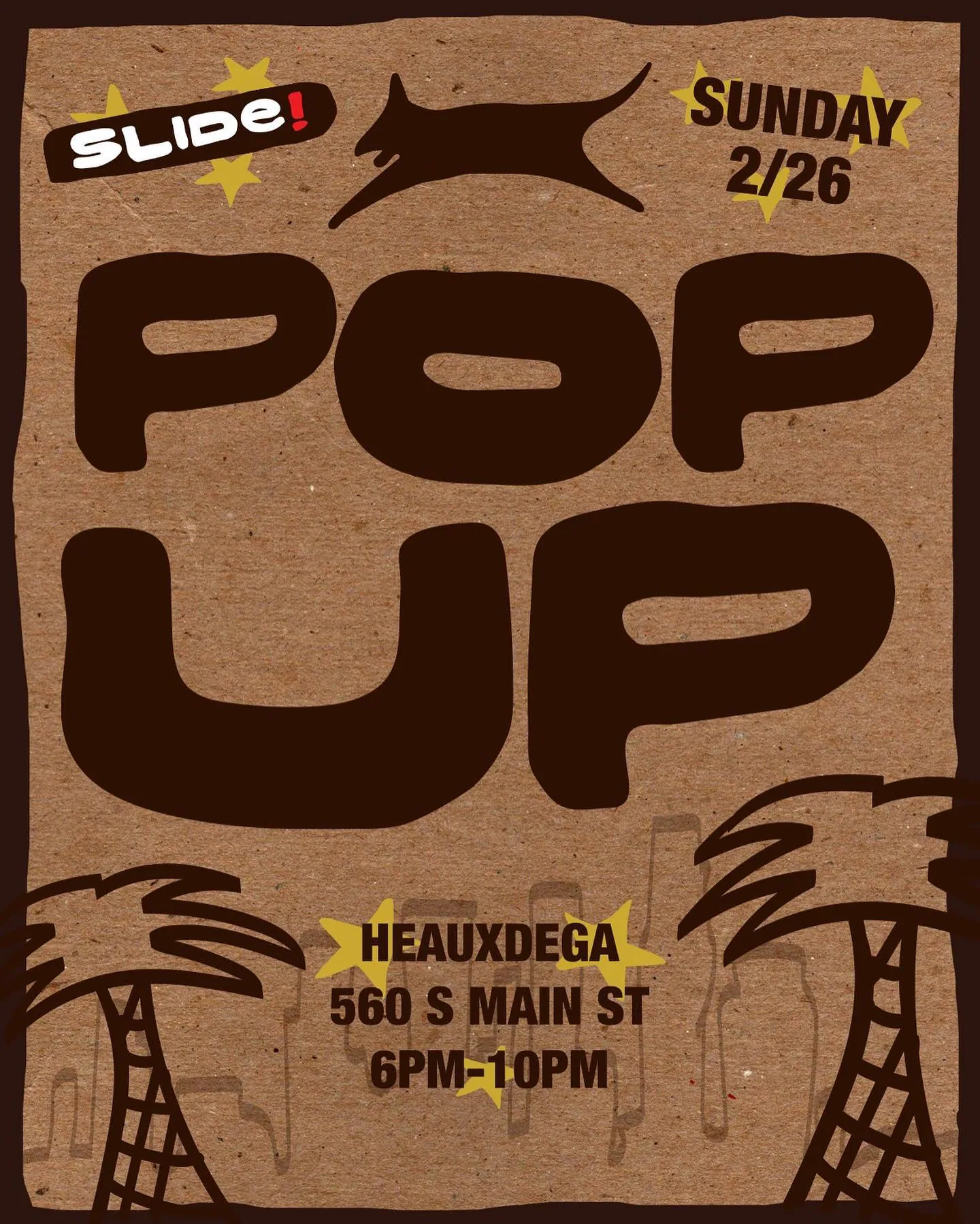 Pop up flyer for a downtown Los Angeles venue, POP UP filling the sheet over a drawn skyline and palms.