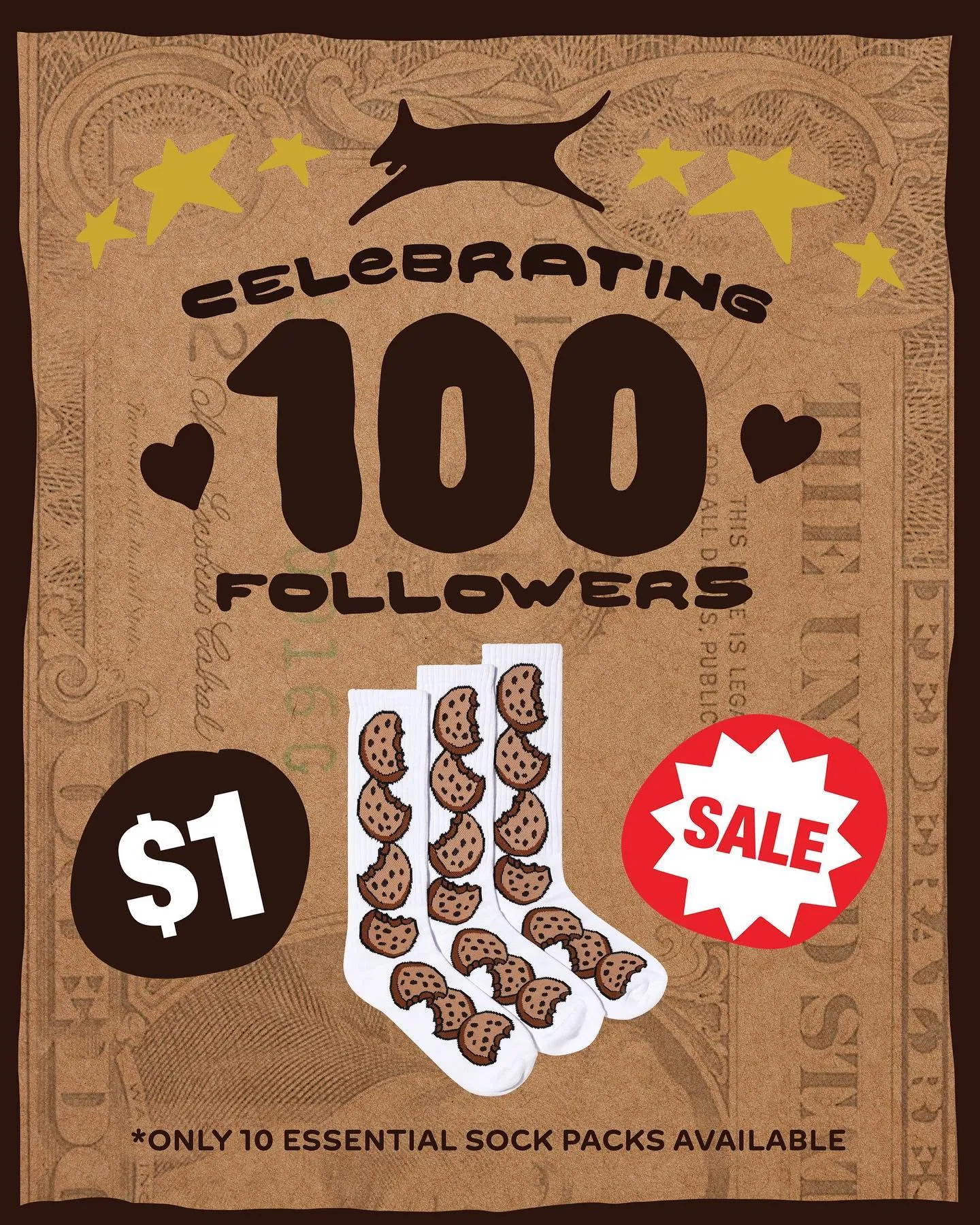 Sock pack sale graphic on a scanned dollar bill, with the milestone number set in the painted face.