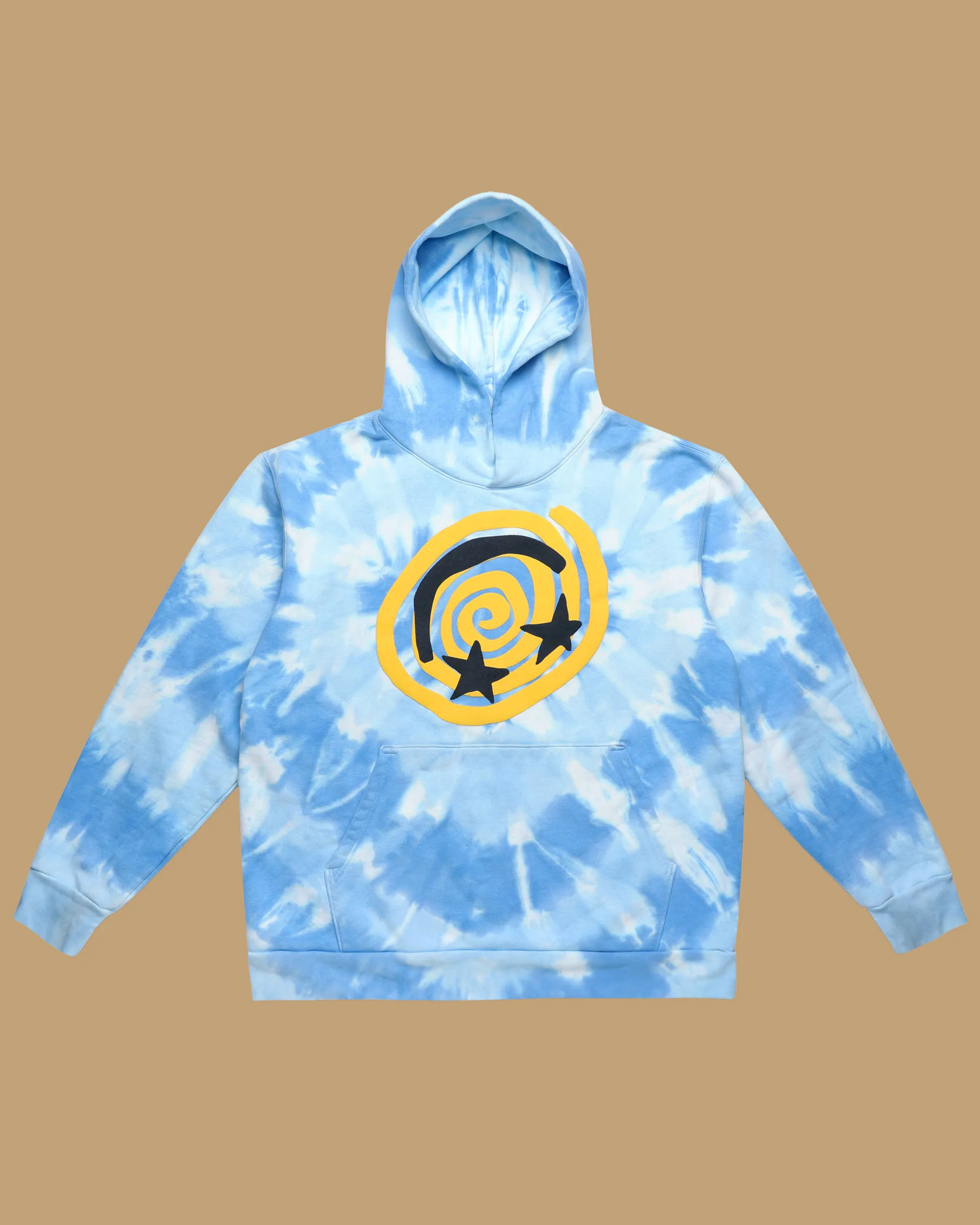 Tie dye pullover, front. A painted spiral and stars applied in felt rather than printed.