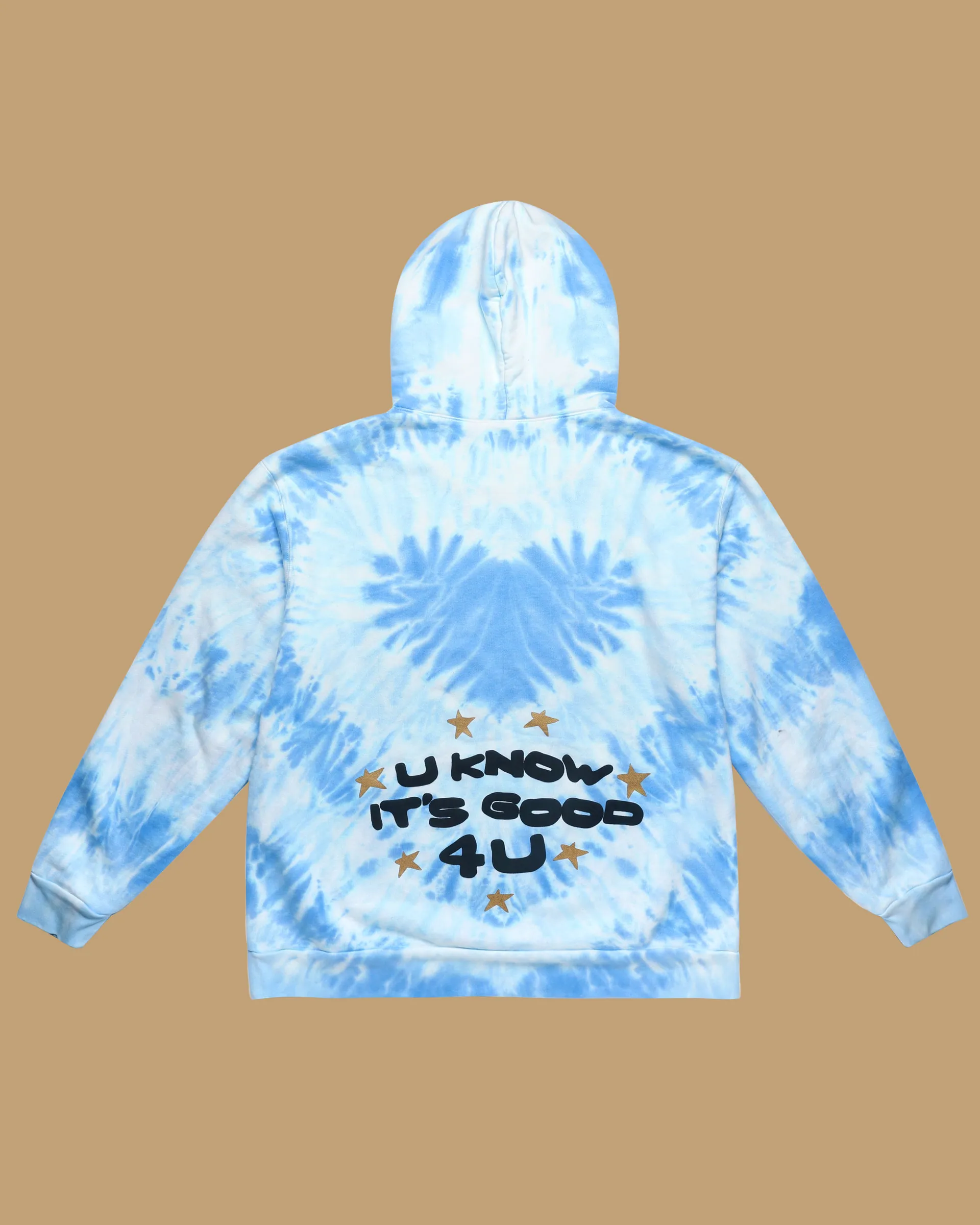Tie dye pullover, back. U KNOW IT'S GOOD 4U in the painted face, set in an arc between felt stars.