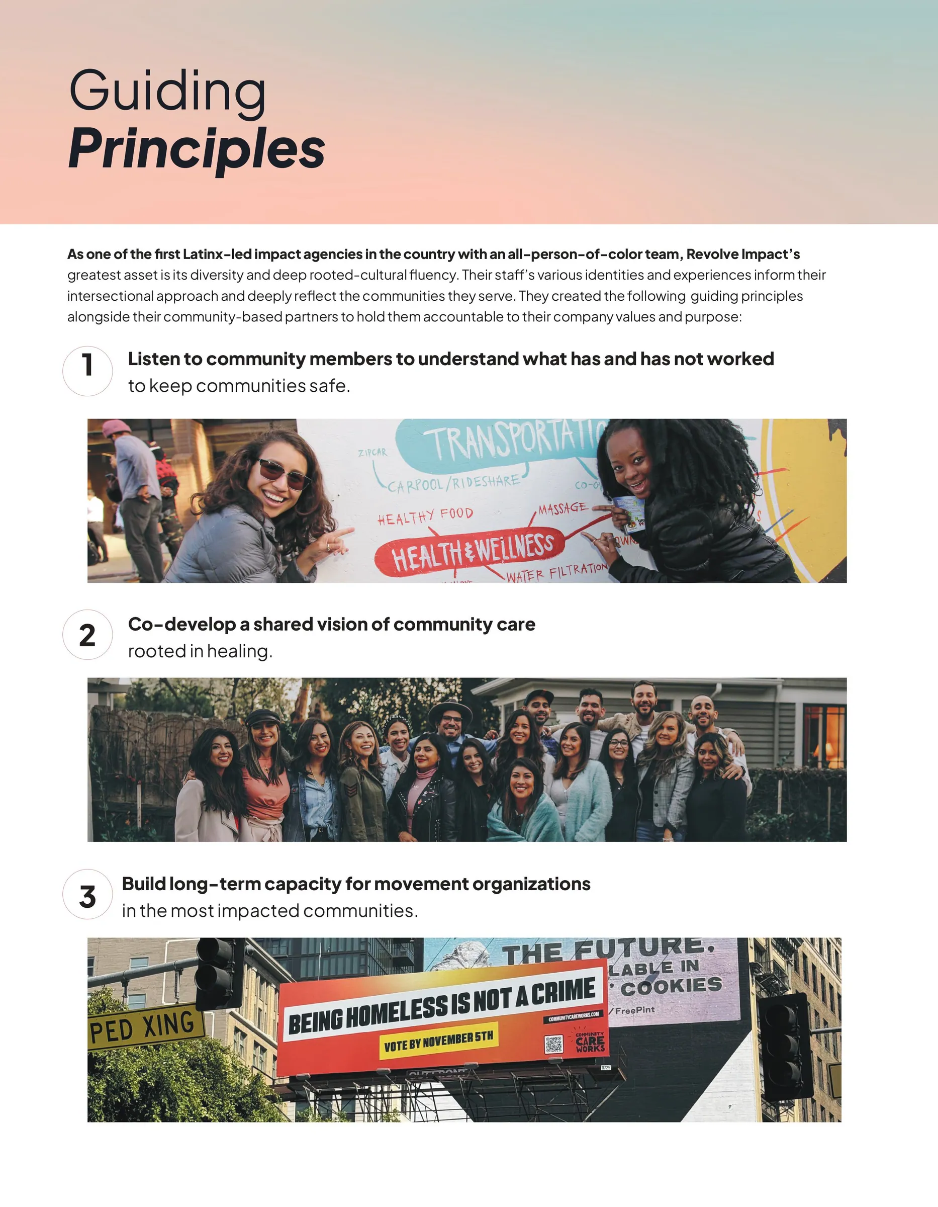 Guiding principles page. Three numbered principles beside photo strips of community work.