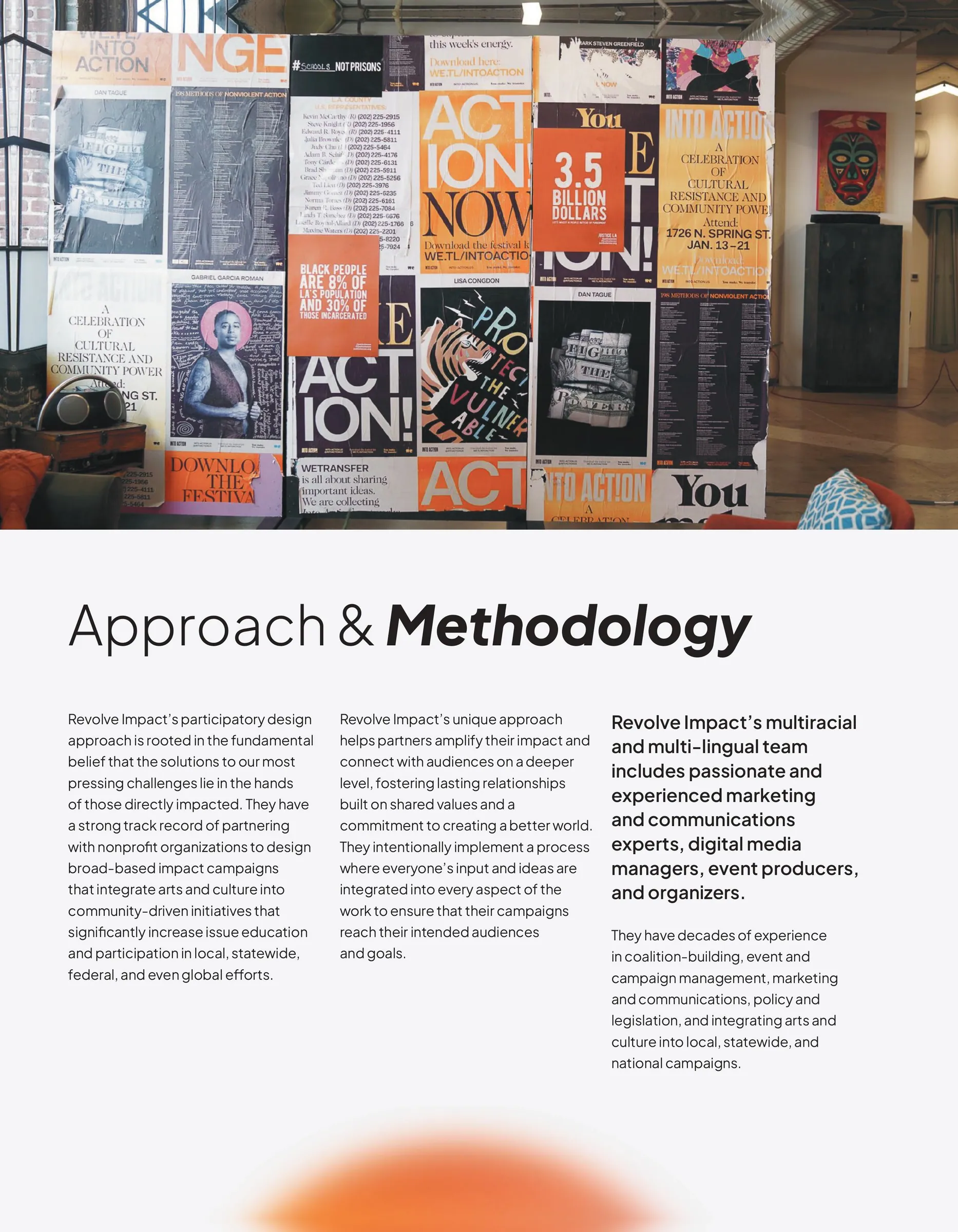 Photo essay page. Posters reading Action Now beside images from a decade of organizing.