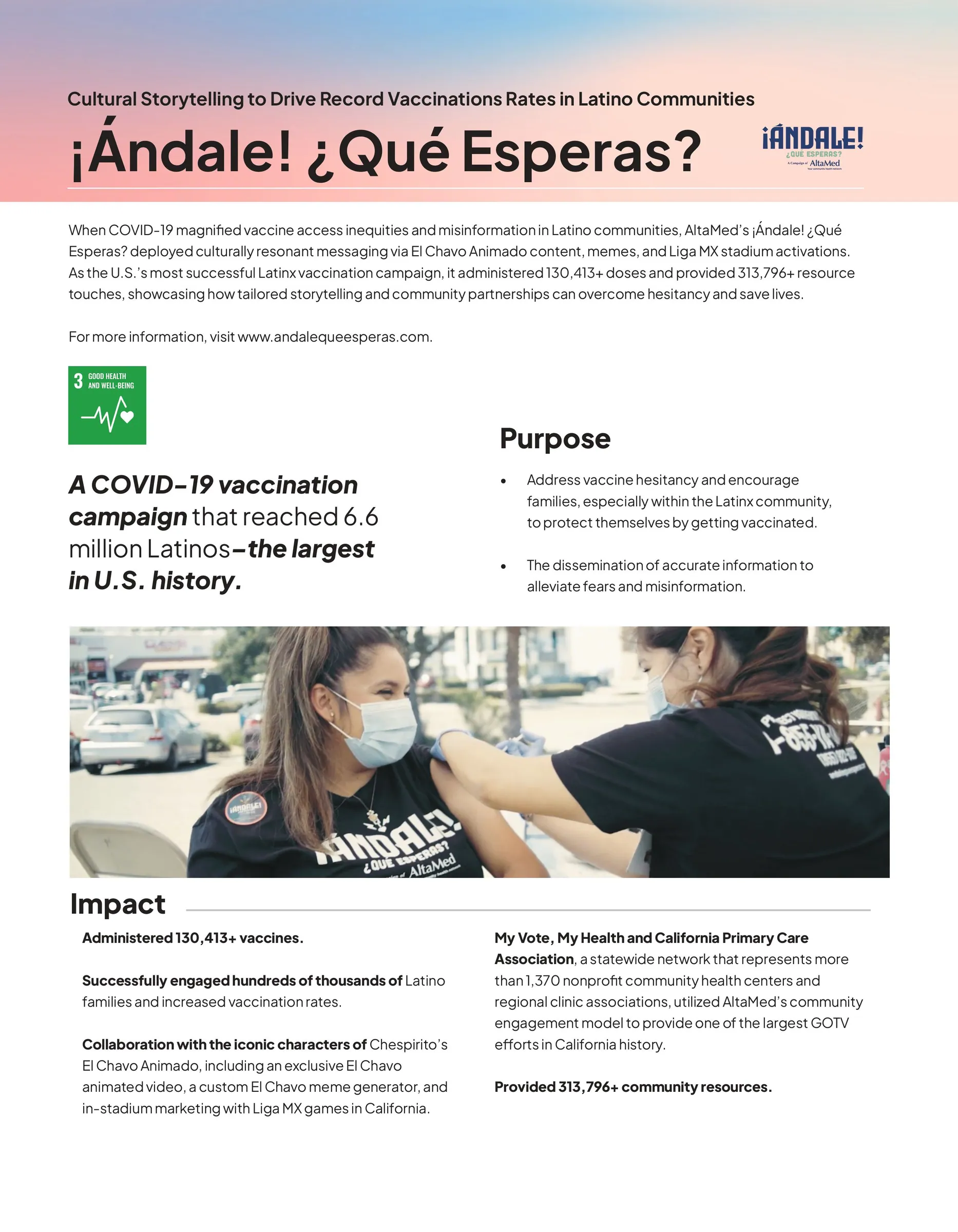 Program page for Andale Que Esperas, the record breaking Latino vaccination campaign.