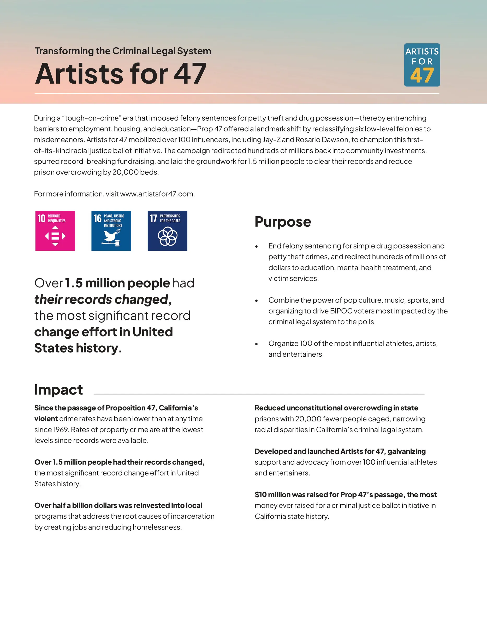 Program page for Artists for 47, record change work after Proposition 47.