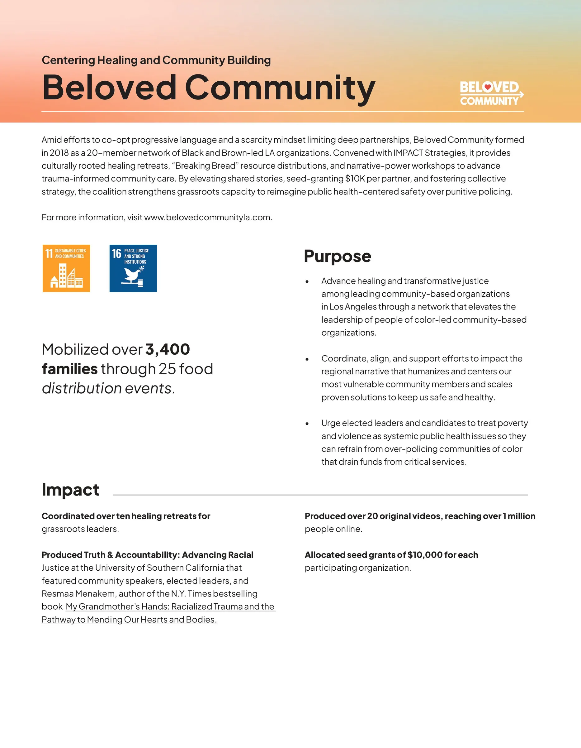 Program page for Beloved Community, food distribution and community healing.