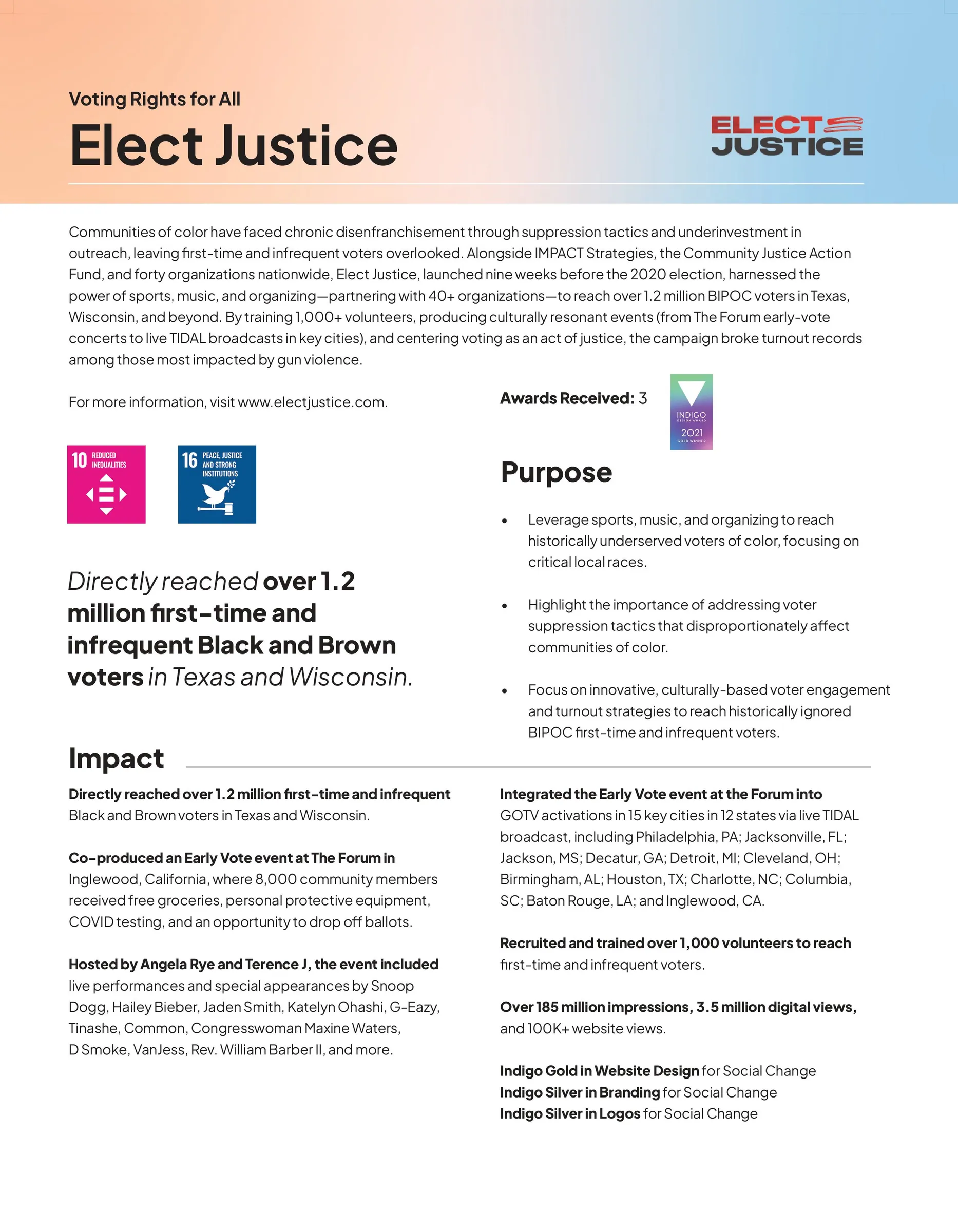 Program page for Elect Justice, voter turnout work in Texas and Wisconsin.