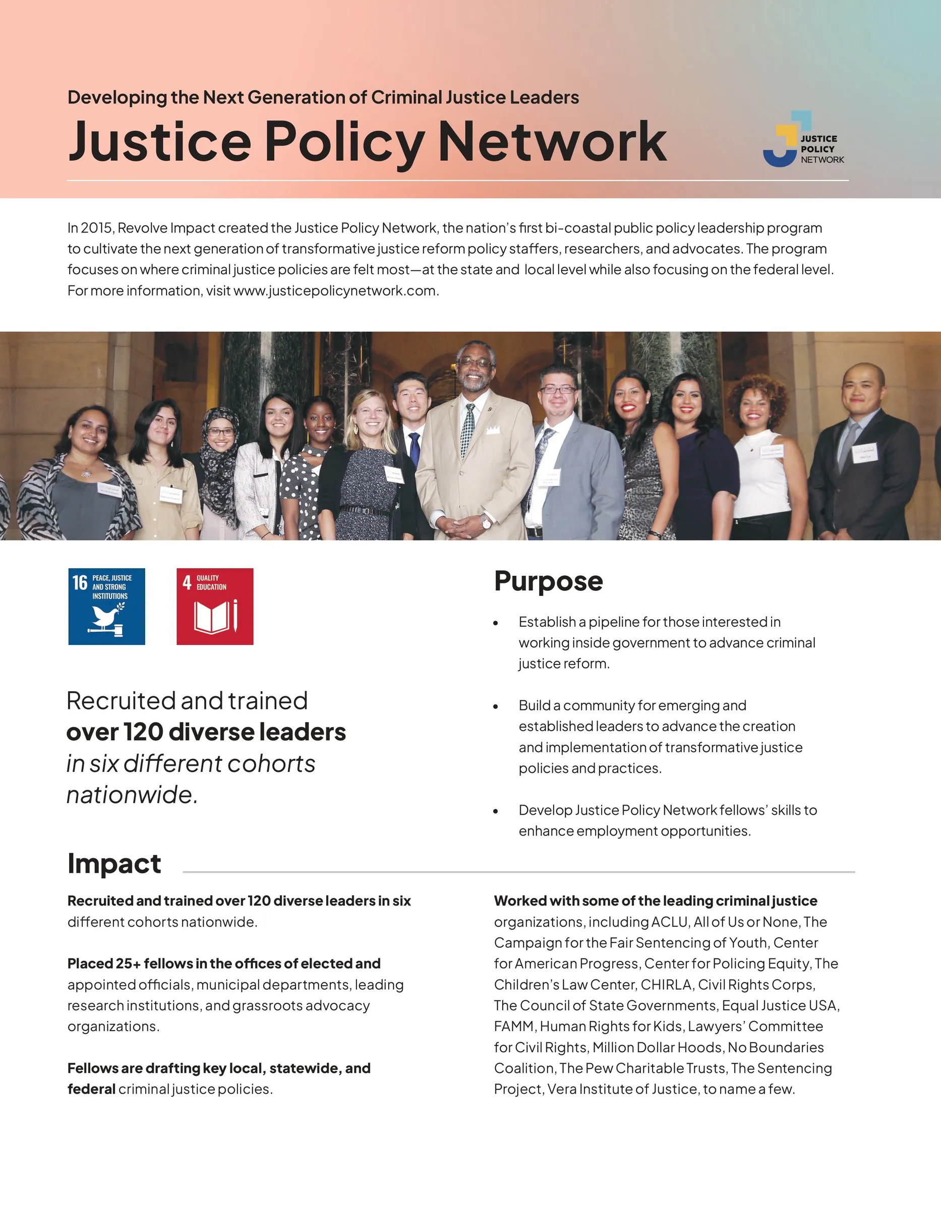 Program page for the Justice Policy Network, leadership cohorts across the country.