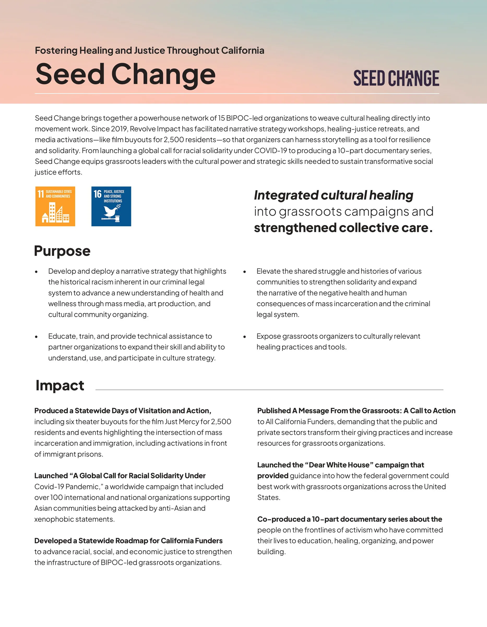 Program page for Seed Change, cultural healing across grassroots campaigns.