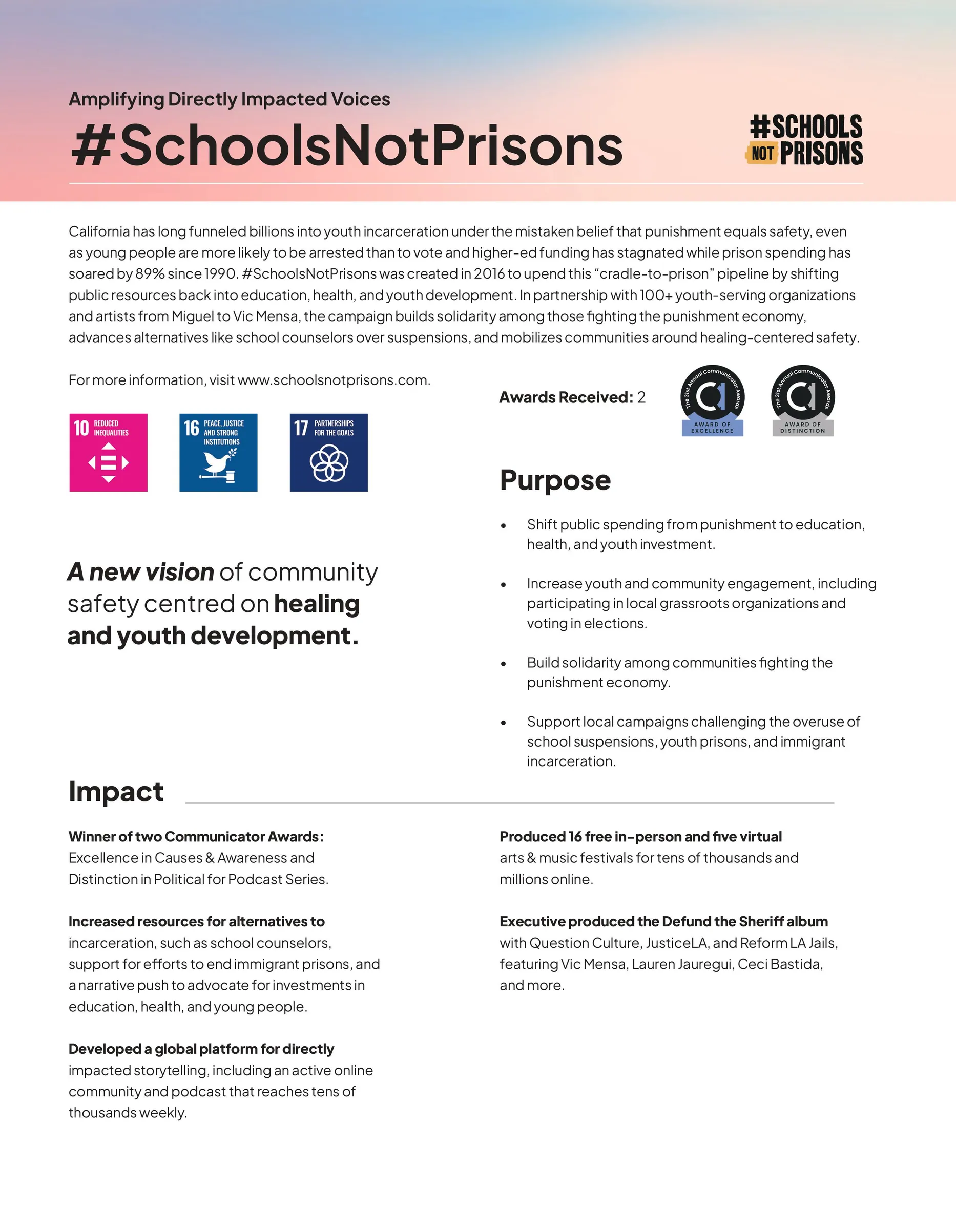 Program page for SchoolsNotPrisons: gradient header, purpose, and impact in one page.