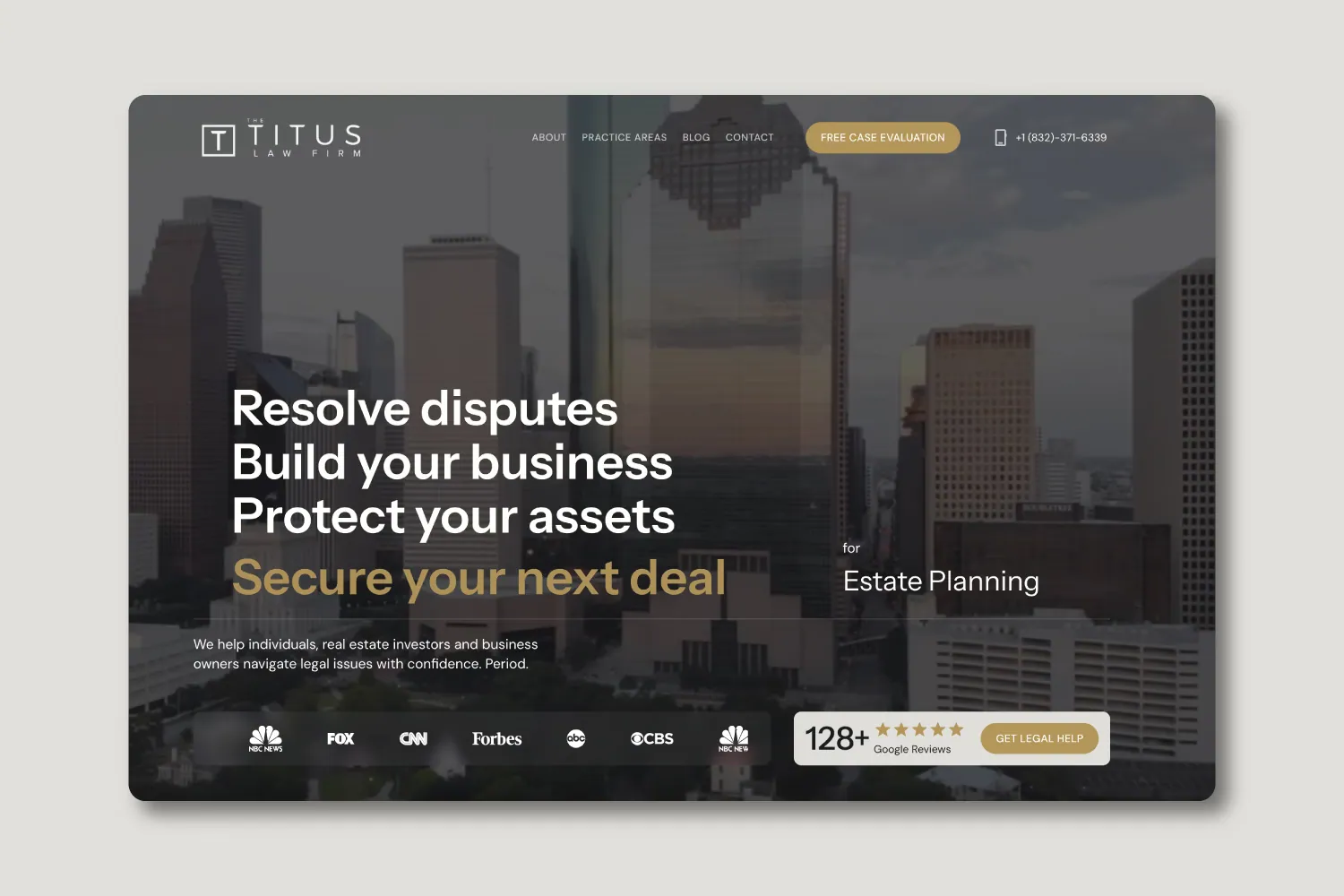 Firm home page in a browser frame. Houston skyline behind a four line value proposition, with the free case evaluation path visible without scrolling.