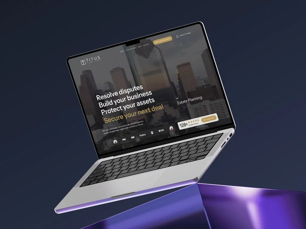 The site on a laptop, showing the hero as a prospective client first meets it.